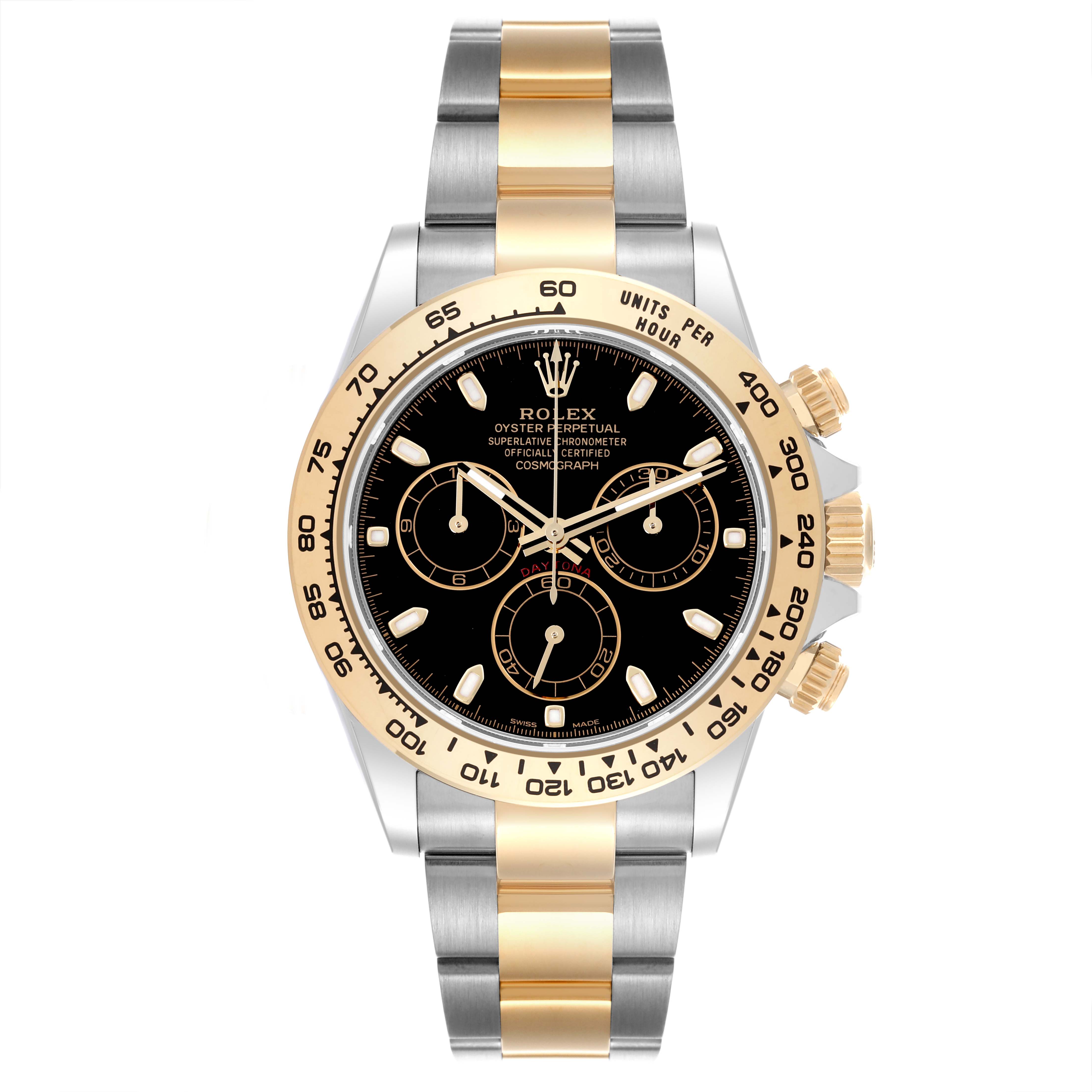 The Rolex Daytona 116503-0004 Men's Steel and Gold (two tone) Black Dial 116503-0004 Men's Steel and Gold (two tone) Black Dial watch is shown from the front, highlighting its bezel, dial, and metal bracelet.