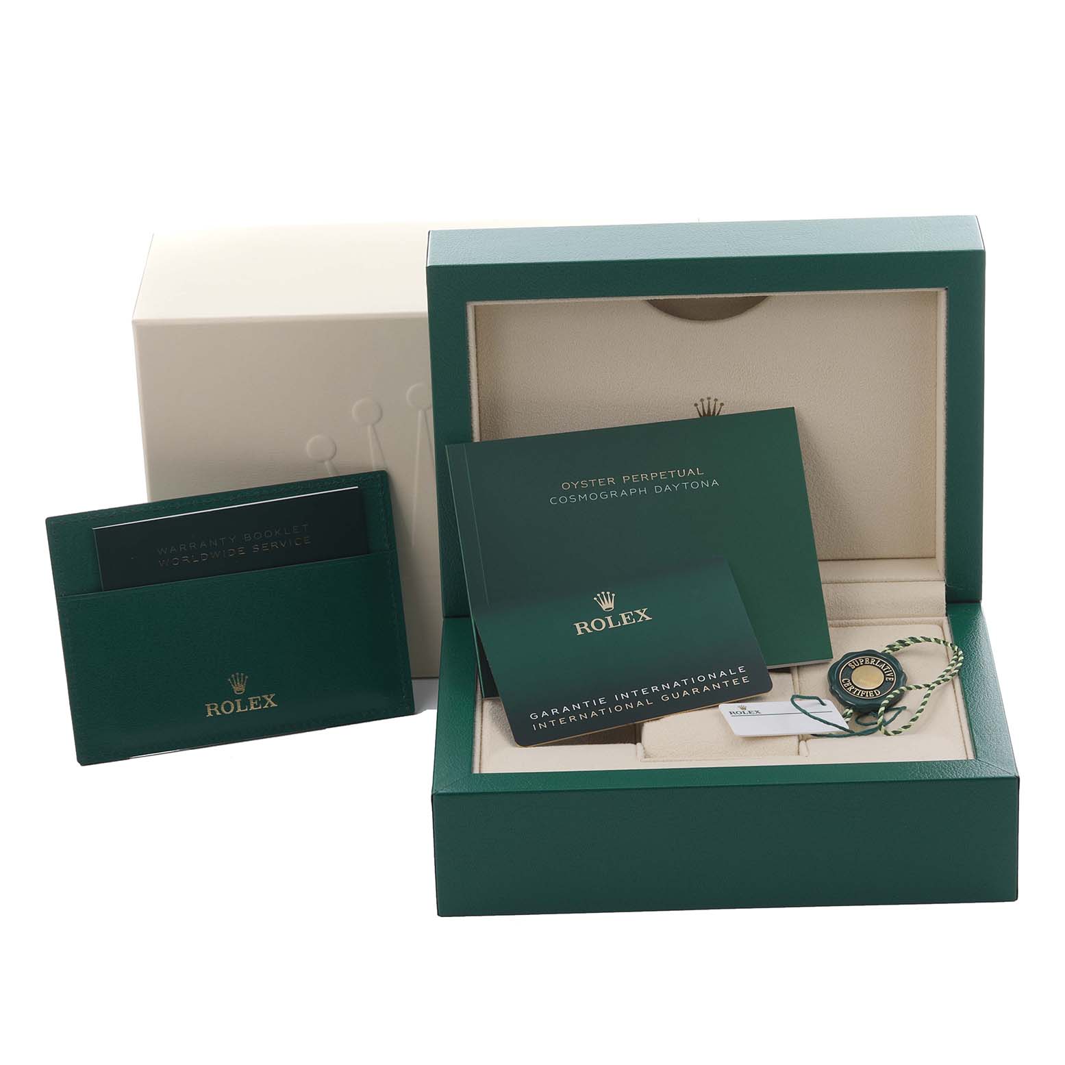The image shows the packaging, booklet, warranty card, and tags for a Rolex Daytona 116503-0004 Men's Steel and Gold (two tone) Black Dial 116503-0004 Men's Steel and Gold (two tone) Black Dial watch.