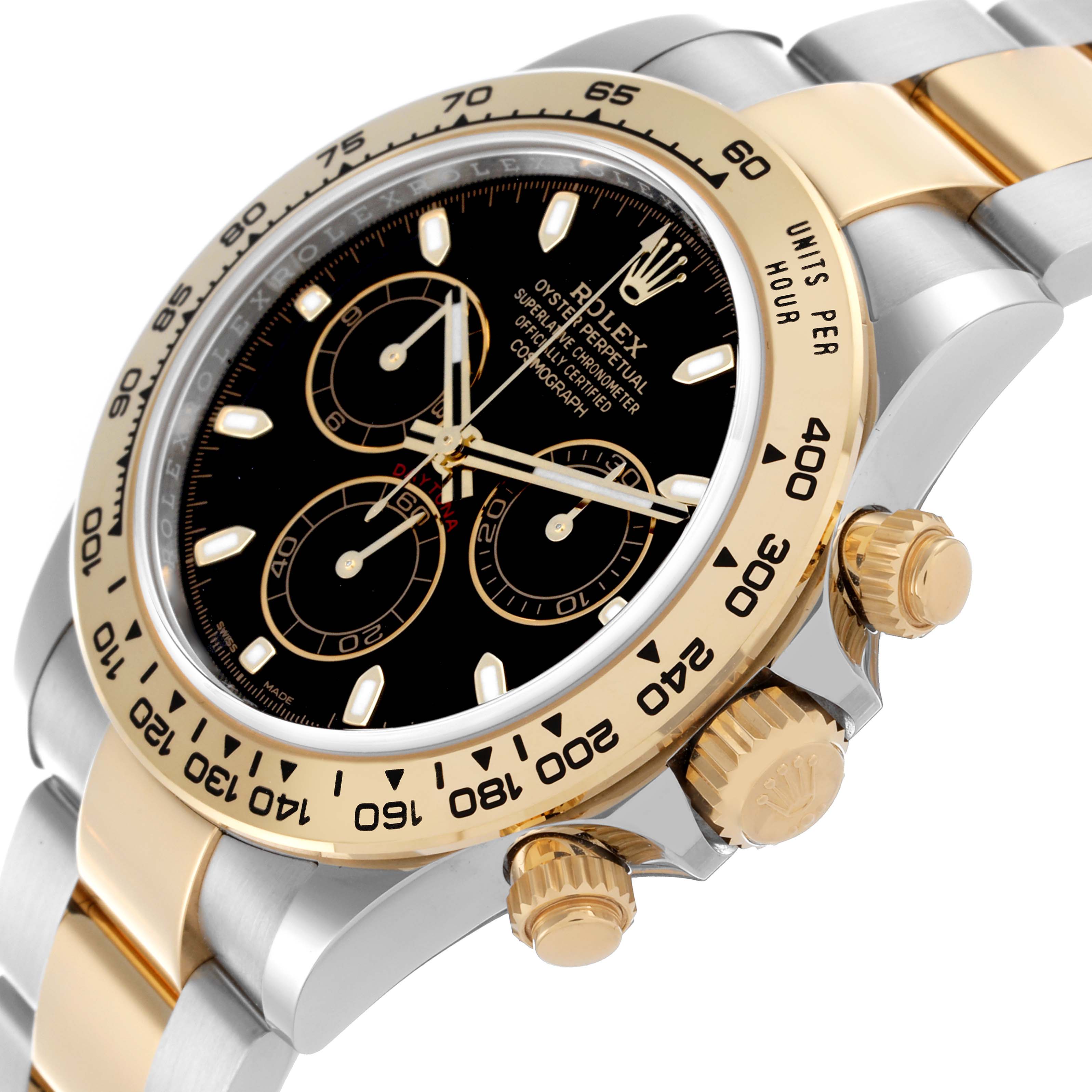 The image shows a side angle of the Rolex Daytona 116503-0004 Men's Steel and Gold (two tone) Black Dial 116503-0004 Men's Steel and Gold (two tone) Black Dial, highlighting the black dial, bezel, crown, and chronograph pushers.