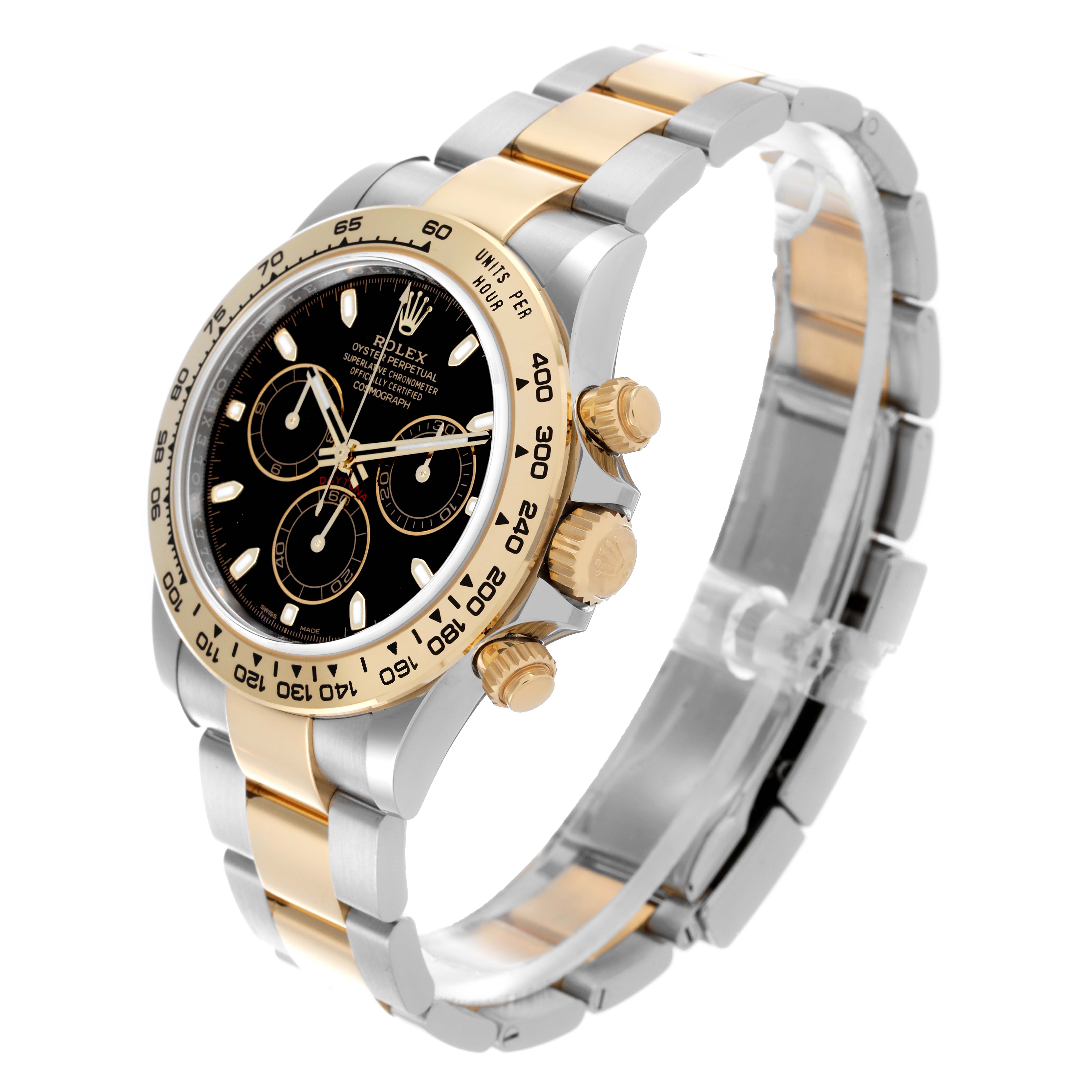 The Rolex Daytona 116503-0004 Men's Steel and Gold (two tone) Black Dial 116503-0004 Men's Steel and Gold (two tone) Black Dial watch is shown at an angle highlighting the bezel, dial, crown, and two-tone bracelet.