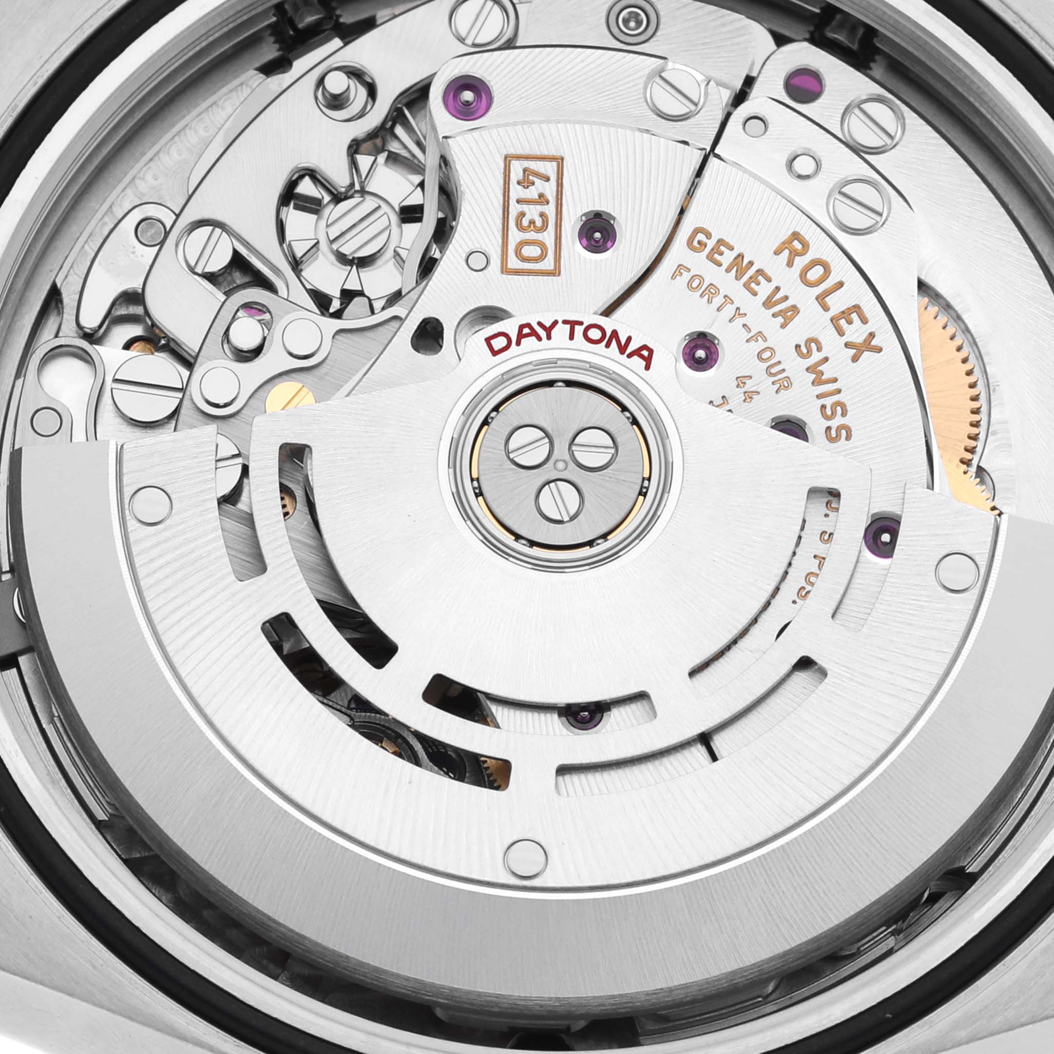 The image shows the intricate movement of a Rolex Daytona 116503-0004 Men's Steel and Gold (two tone) Black Dial 116503-0004 Men's Steel and Gold (two tone) Black Dial watch from a top-down angle, highlighting its mechanics.