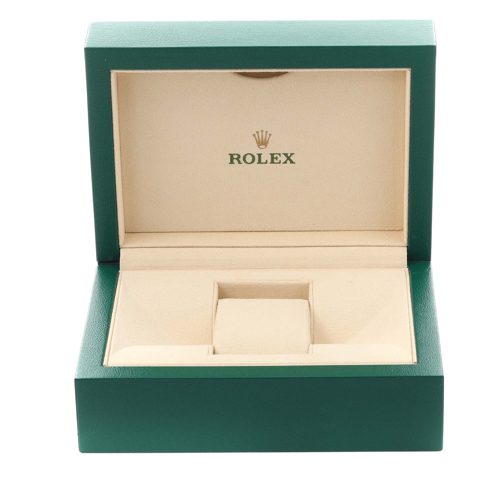 The image shows an open Rolex Daytona 116508 Men's Yellow Gold Mother of Pearl Dial 116508 Men's Yellow Gold Mother of Pearl Dial watch box from a front angle, displaying its interior compartment.