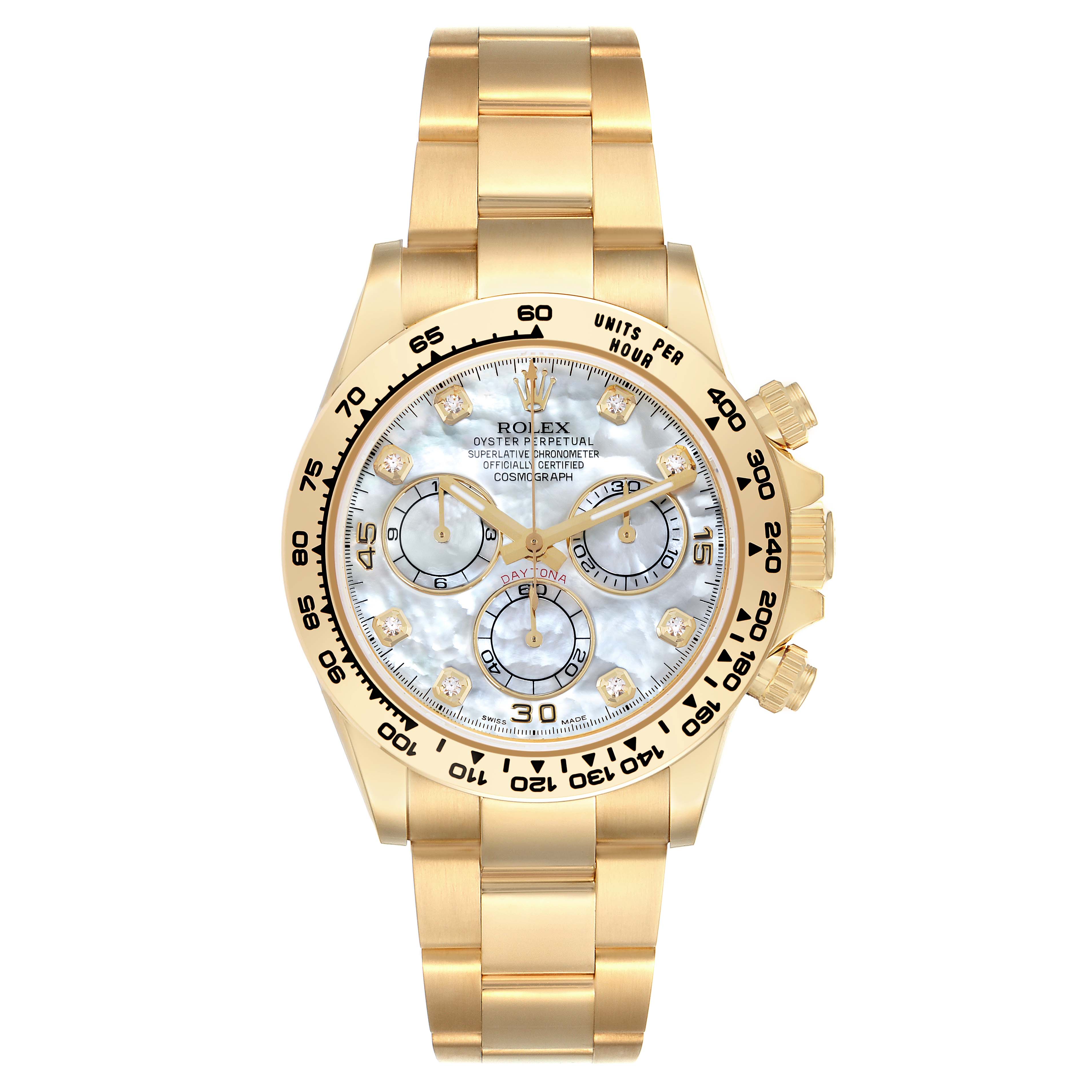 The Rolex Daytona 116508 Men's Yellow Gold Mother of Pearl Dial 116508 Men's Yellow Gold Mother of Pearl Dial watch is shown from a top view, displaying its dial, bezel, and bracelet.