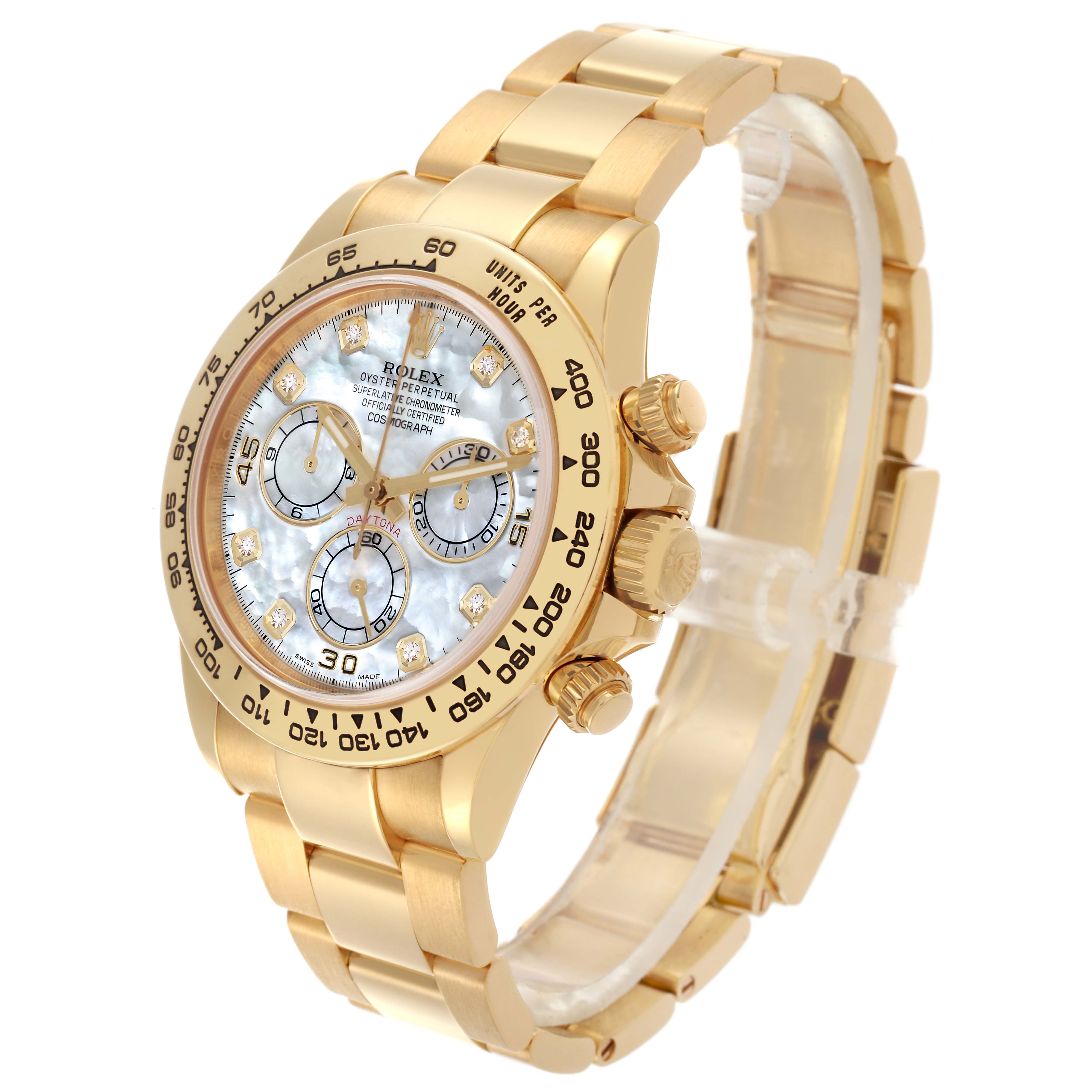 The Rolex Daytona 116508 Men's Yellow Gold Mother of Pearl Dial 116508 Men's Yellow Gold Mother of Pearl Dial watch is shown at a three-quarter angle highlighting its face, bezel, and bracelet.