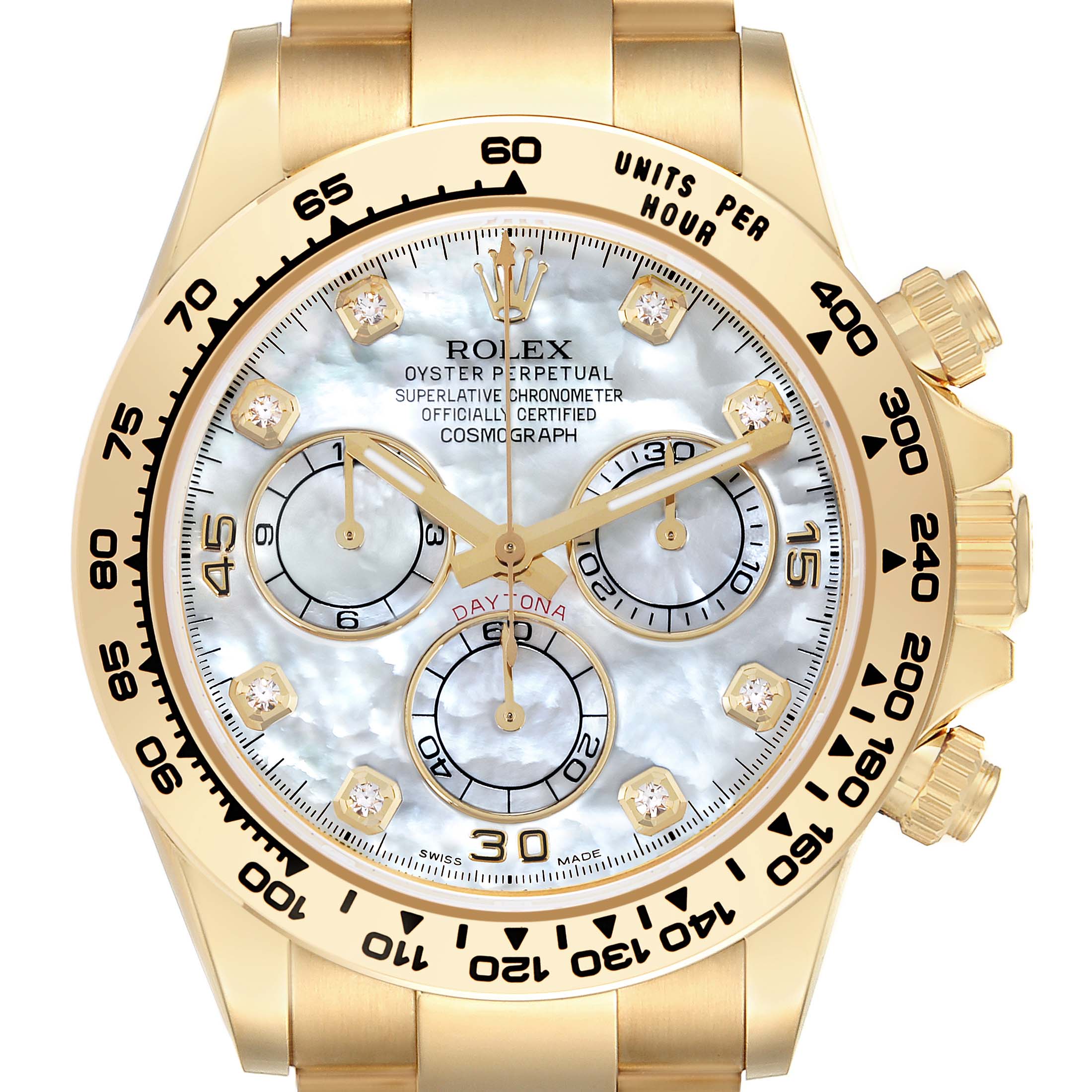 The Rolex Daytona 116508 Men's Yellow Gold Mother of Pearl Dial 116508 Men's Yellow Gold Mother of Pearl Dial is shown from a front angle, highlighting the bezel, dial, subdials, and part of the bracelet.