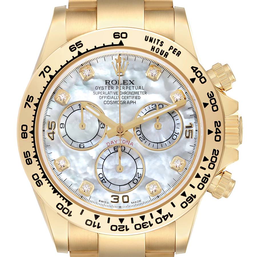 The Rolex Daytona is shown from a front angle, highlighting the bezel, dial, subdials, and part of the bracelet.