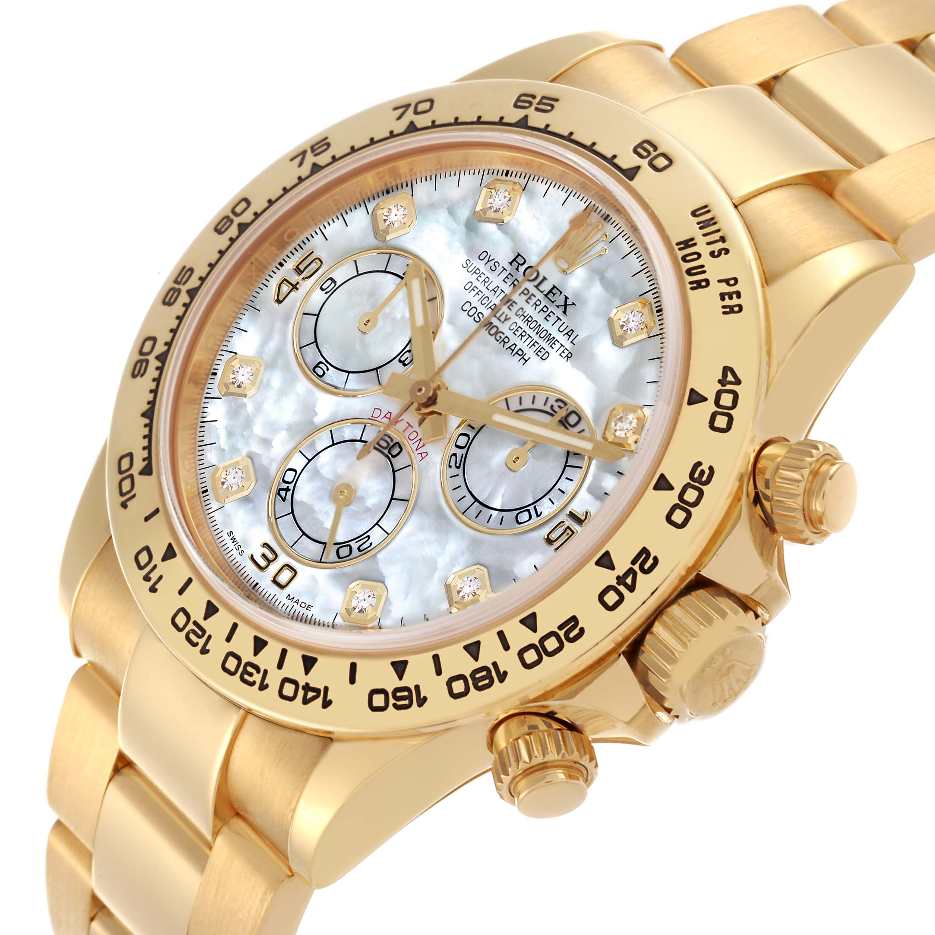 The Rolex Daytona 116508 Men's Yellow Gold Mother of Pearl Dial 116508 Men's Yellow Gold Mother of Pearl Dial watch is shown at a slight angle highlighting the face, bracelet, and side buttons.