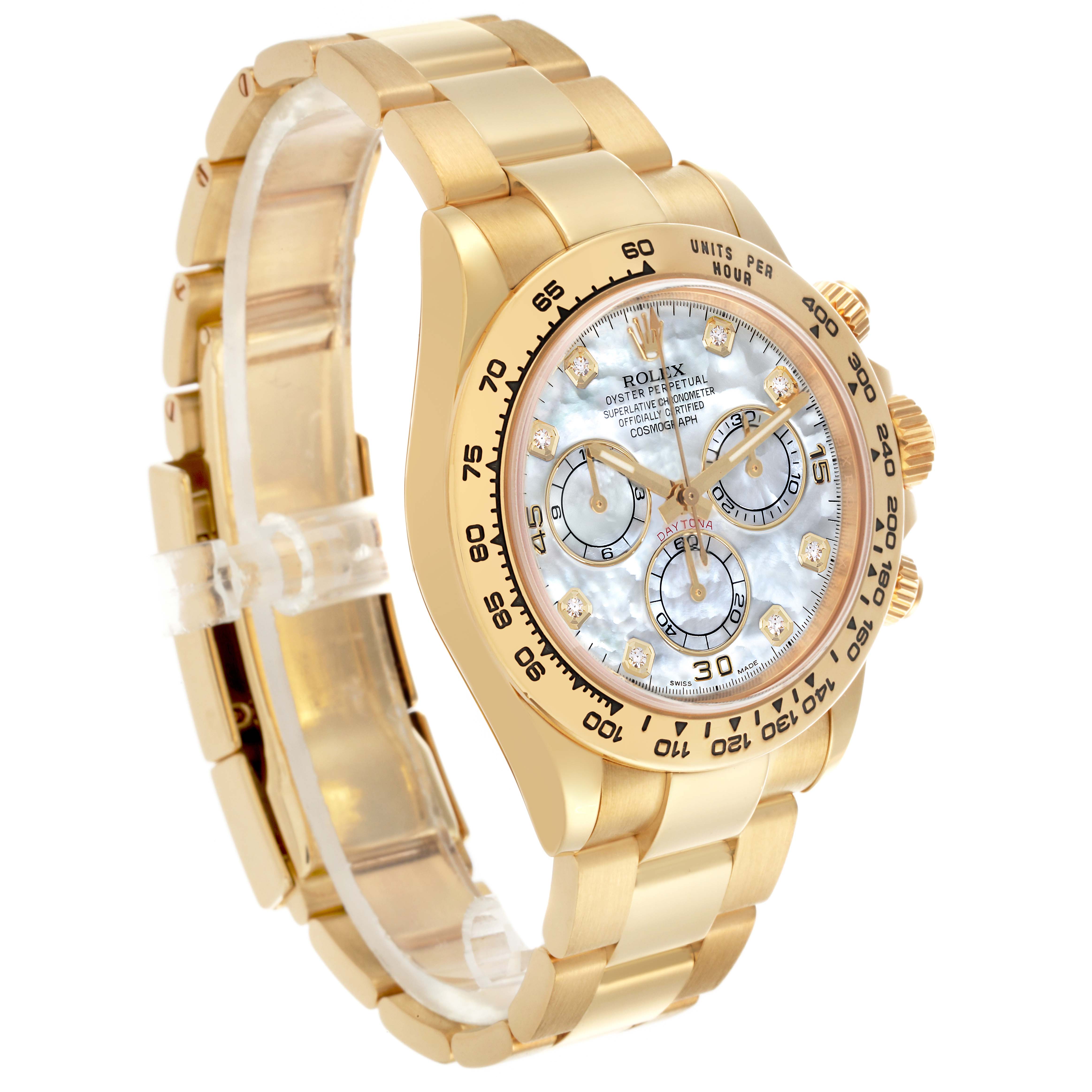 The Rolex Daytona 116508 Men's Yellow Gold Mother of Pearl Dial 116508 Men's Yellow Gold Mother of Pearl Dial watch is shown at a side angle, highlighting the face, bezel, and gold bracelet.