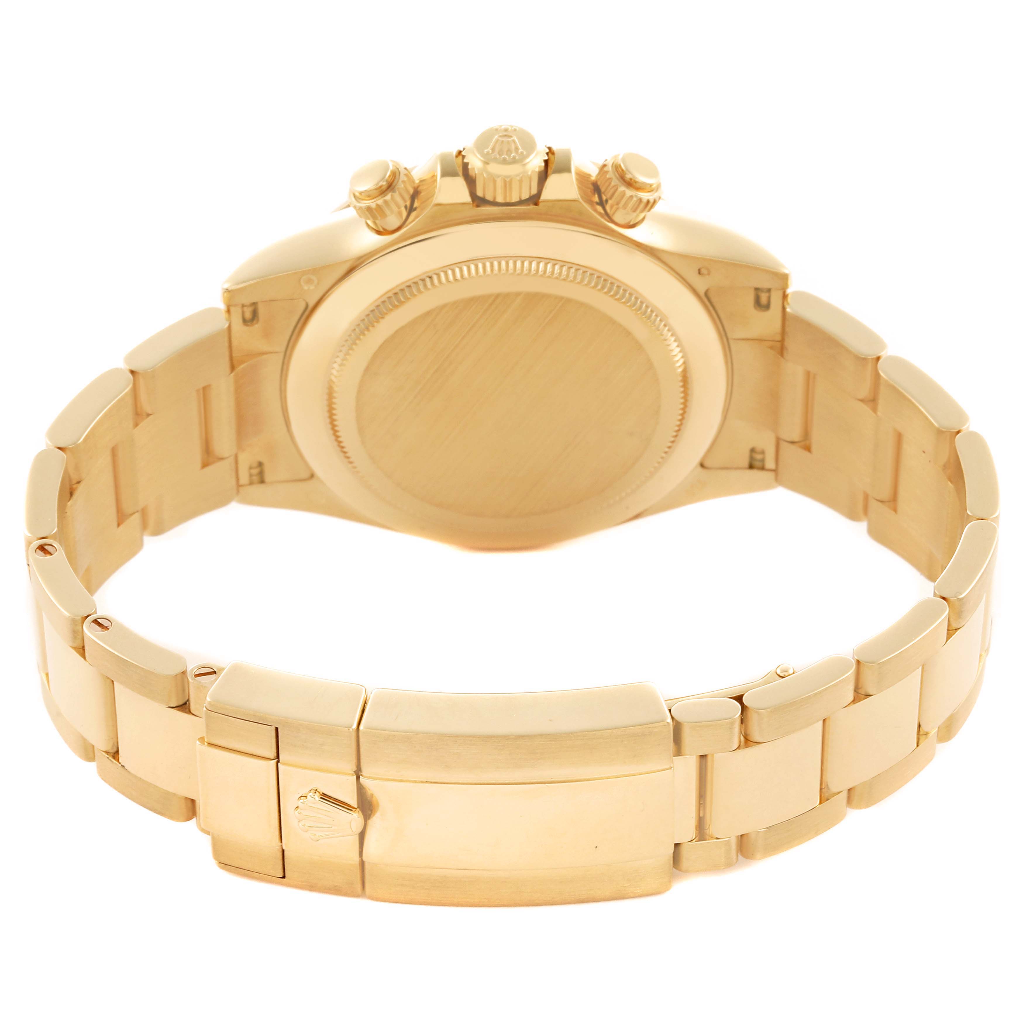 The image shows the back view of the Rolex Daytona 116508 Men's Yellow Gold Mother of Pearl Dial 116508 Men's Yellow Gold Mother of Pearl Dial watch, highlighting the bracelet and clasp.