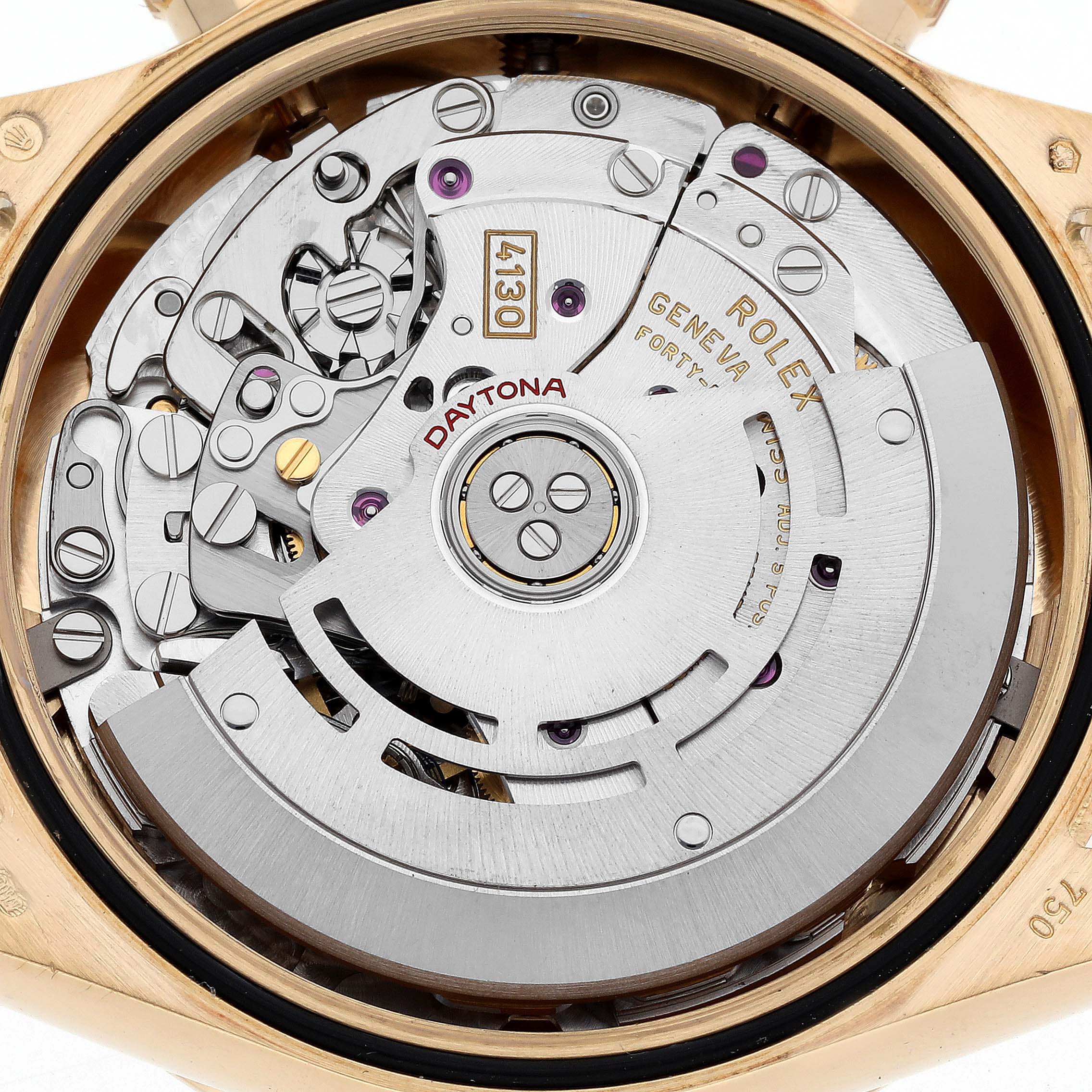 The image shows the movement of a Rolex Daytona 116508 Men's Yellow Gold Mother of Pearl Dial 116508 Men's Yellow Gold Mother of Pearl Dial watch from a close-up, rear angle, highlighting its intricate mechanics.