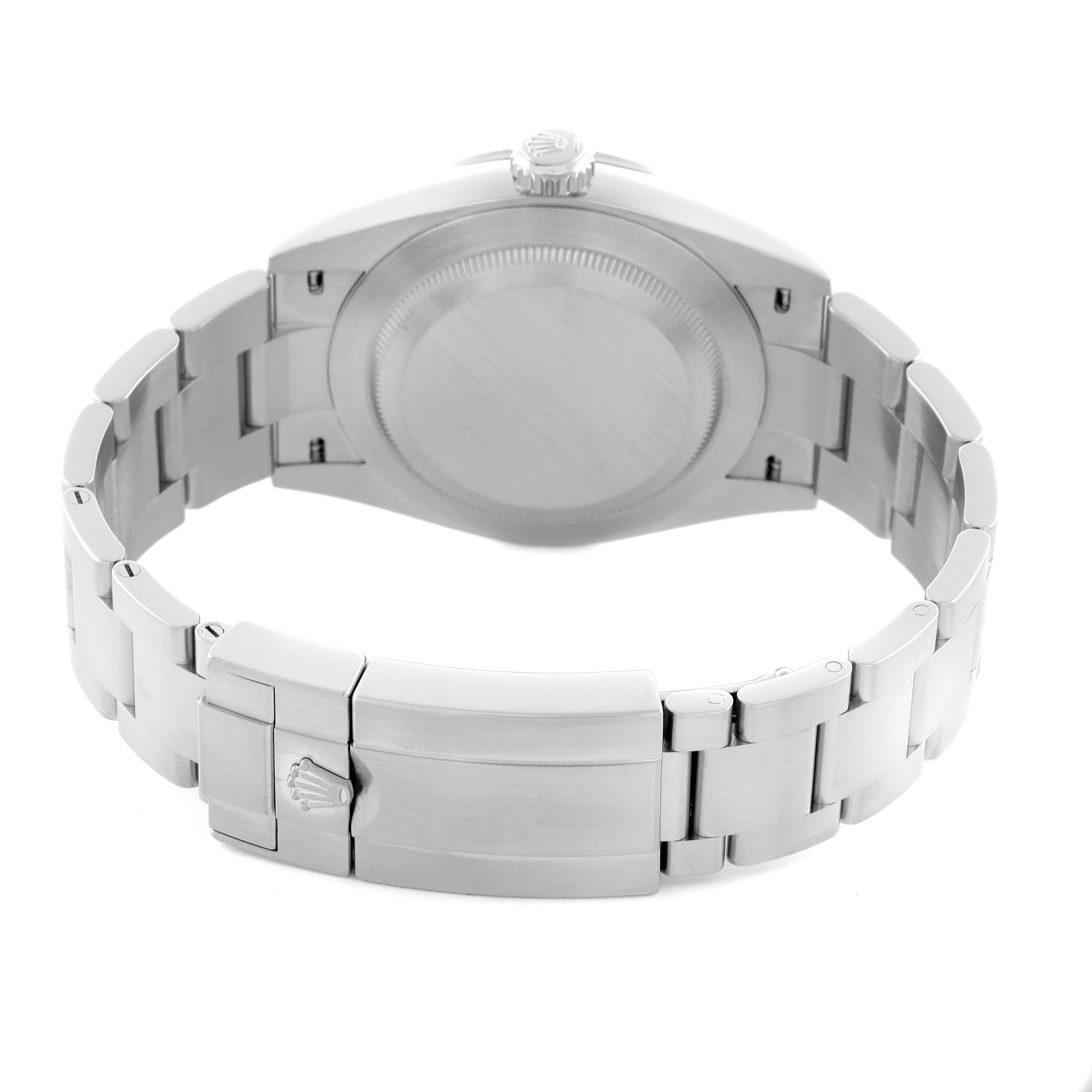 The Rolex Explorer 224270 Men's Stainless Steel Black Dial 224270 Men's Stainless Steel Black Dial watch is shown from the back, highlighting the case back and metal bracelet with the clasp.