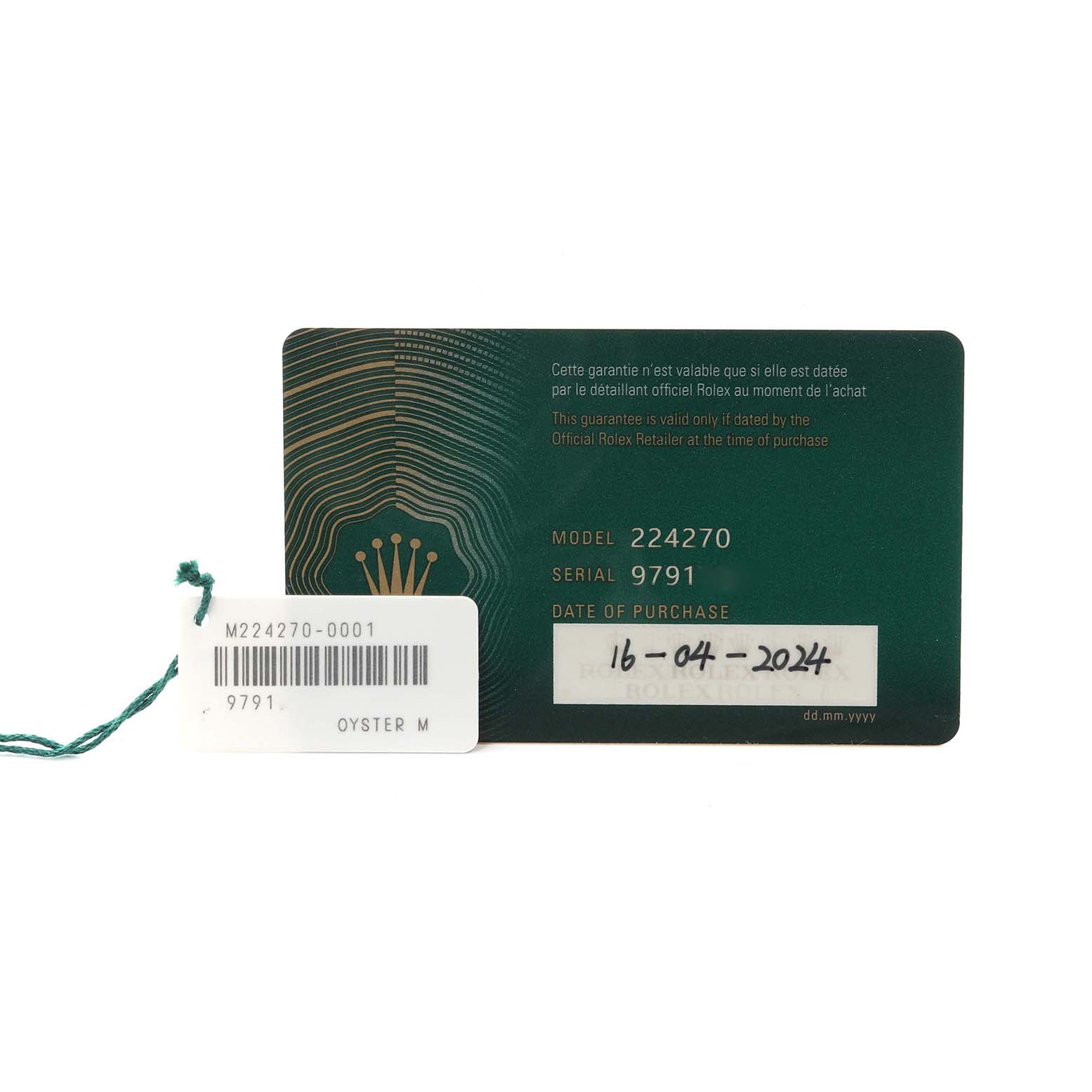 The image shows a warranty card and tag for a Rolex Explorer 224270 Men's Stainless Steel Black Dial 224270 Men's Stainless Steel Black Dial model, displaying model number, serial number, and purchase date.