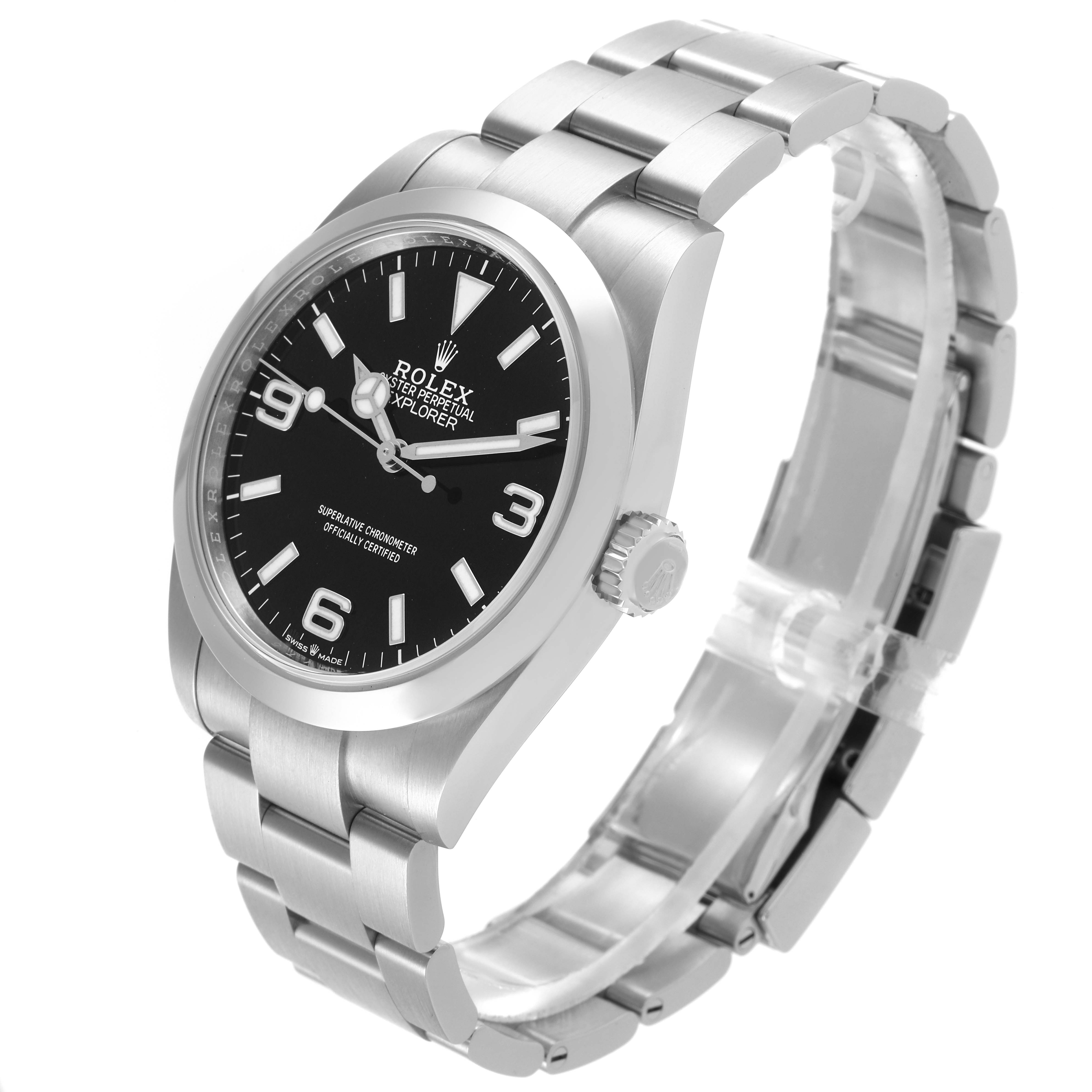 The Rolex Explorer 224270 Men's Stainless Steel Black Dial 224270 Men's Stainless Steel Black Dial is shown at a three-quarter angle featuring the dial, bezel, crown, and bracelet.