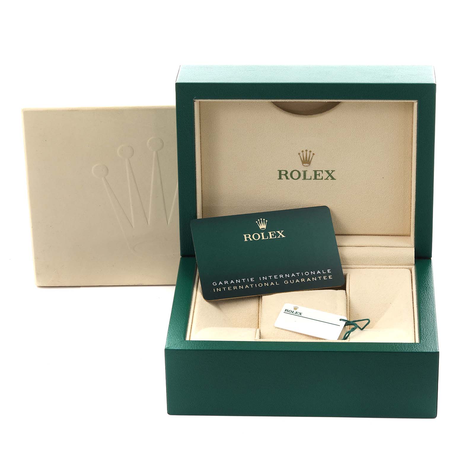 The image shows an open green Rolex Explorer 224270 Men's Stainless Steel Black Dial 224270 Men's Stainless Steel Black Dial watch box and warranty card from a frontal angle.