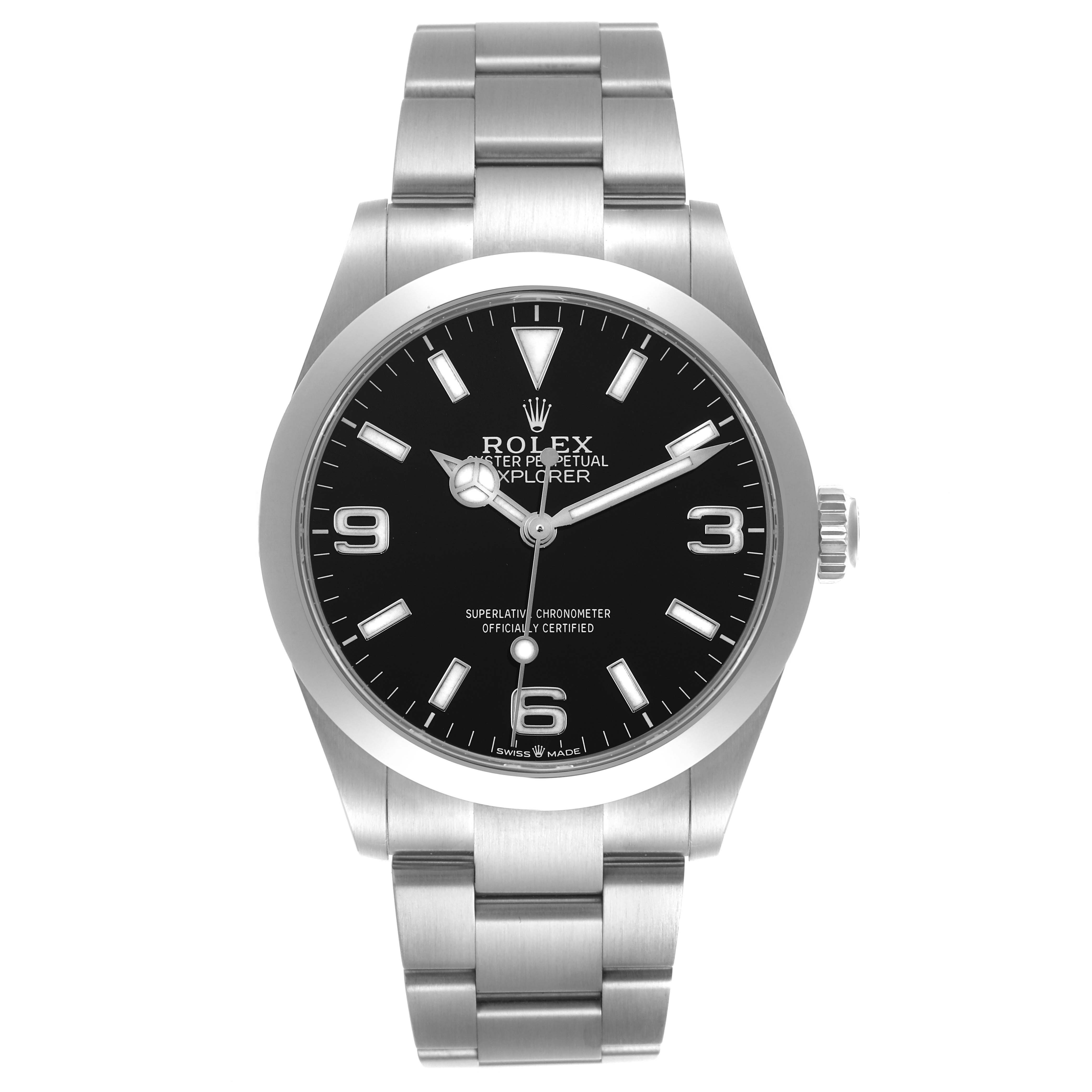 The Rolex Explorer 224270 Men's Stainless Steel Black Dial 224270 Men's Stainless Steel Black Dial watch is shown from a front angle, highlighting the dial, bezel, crown, and bracelet.