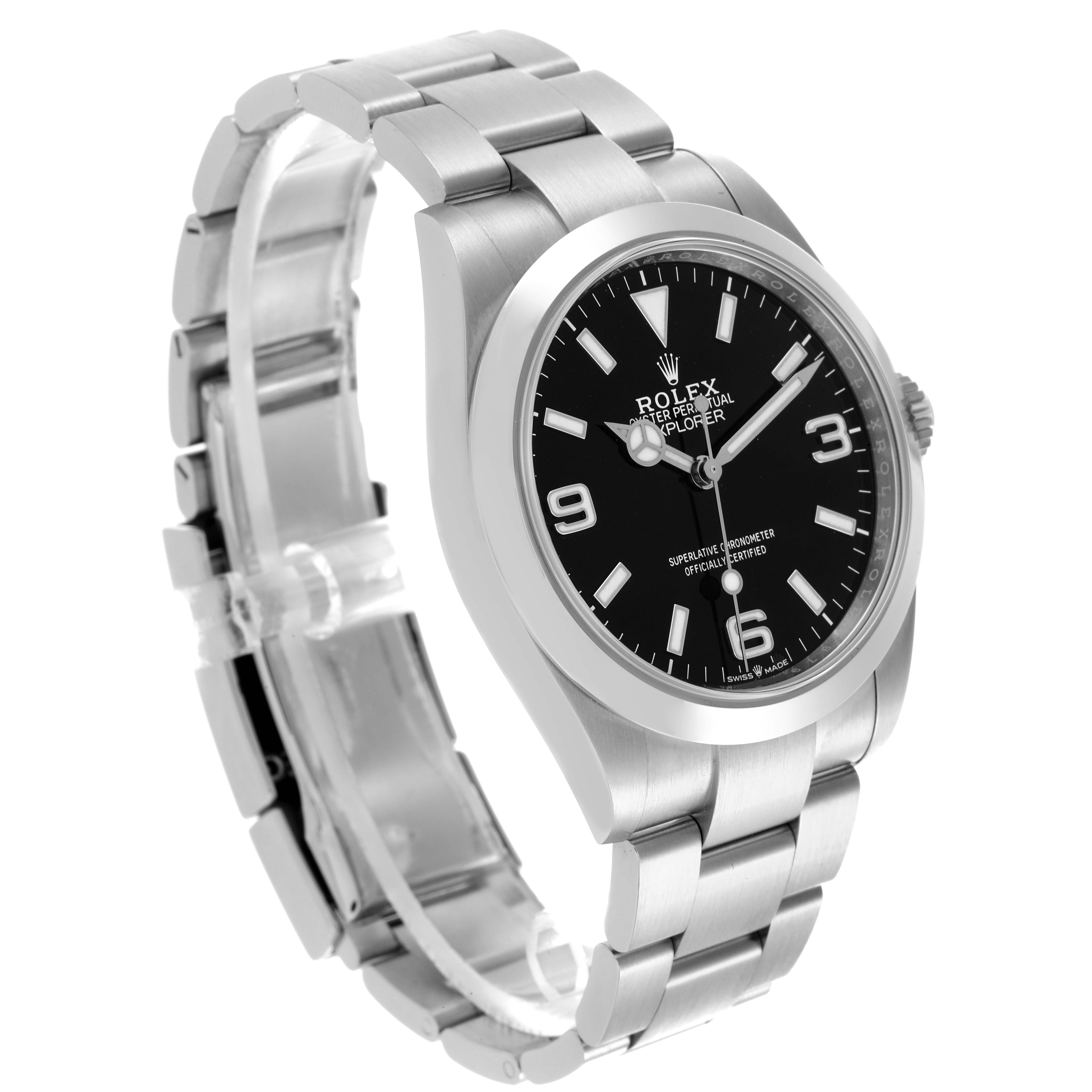 The Rolex Explorer 224270 Men's Stainless Steel Black Dial 224270 Men's Stainless Steel Black Dial watch is shown at an angled side view, displaying the face, bezel, crown, and bracelet.