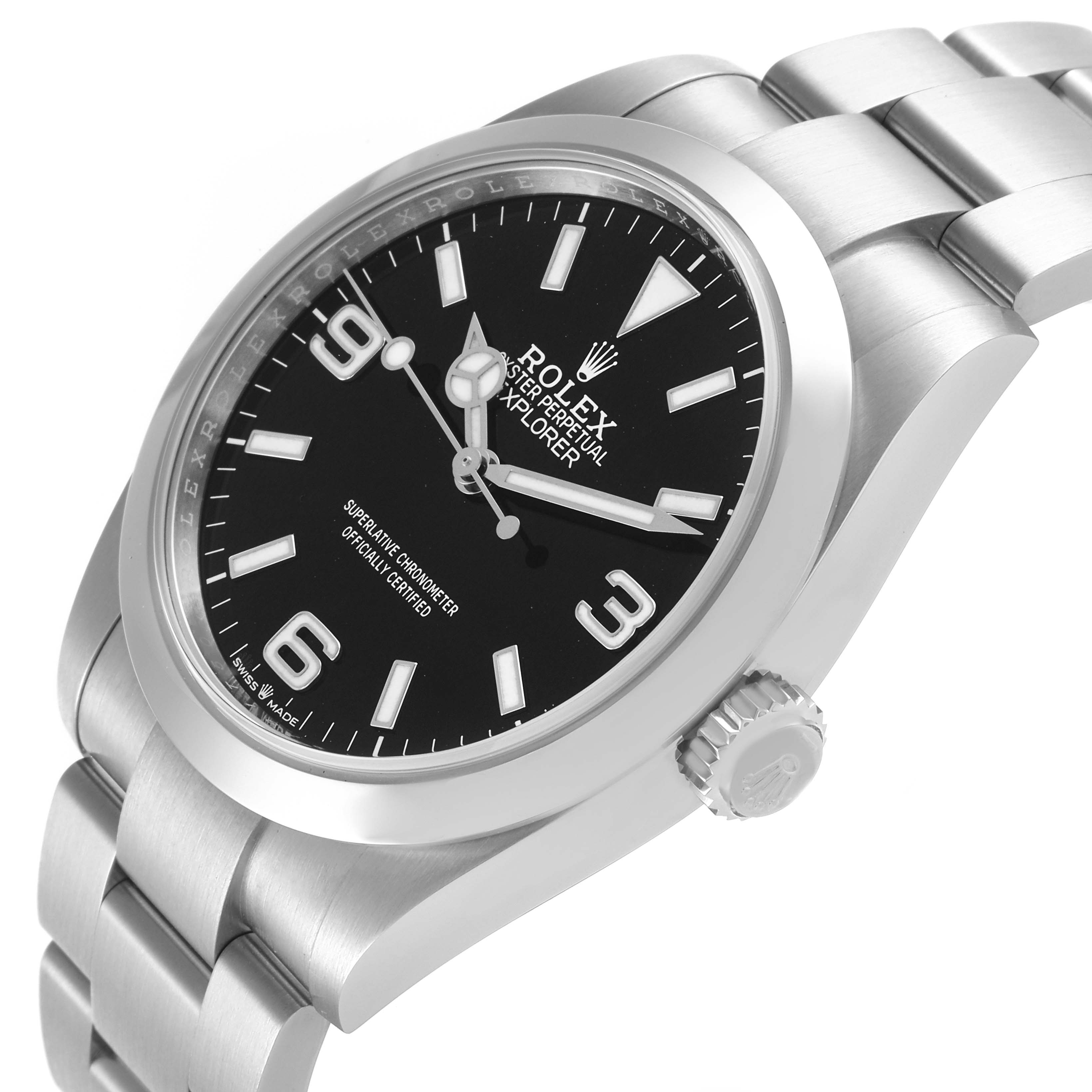 The Rolex Explorer 224270 Men's Stainless Steel Black Dial 224270 Men's Stainless Steel Black Dial watch is shown from a three-quarter side angle, displaying the dial, bezel, and bracelet.