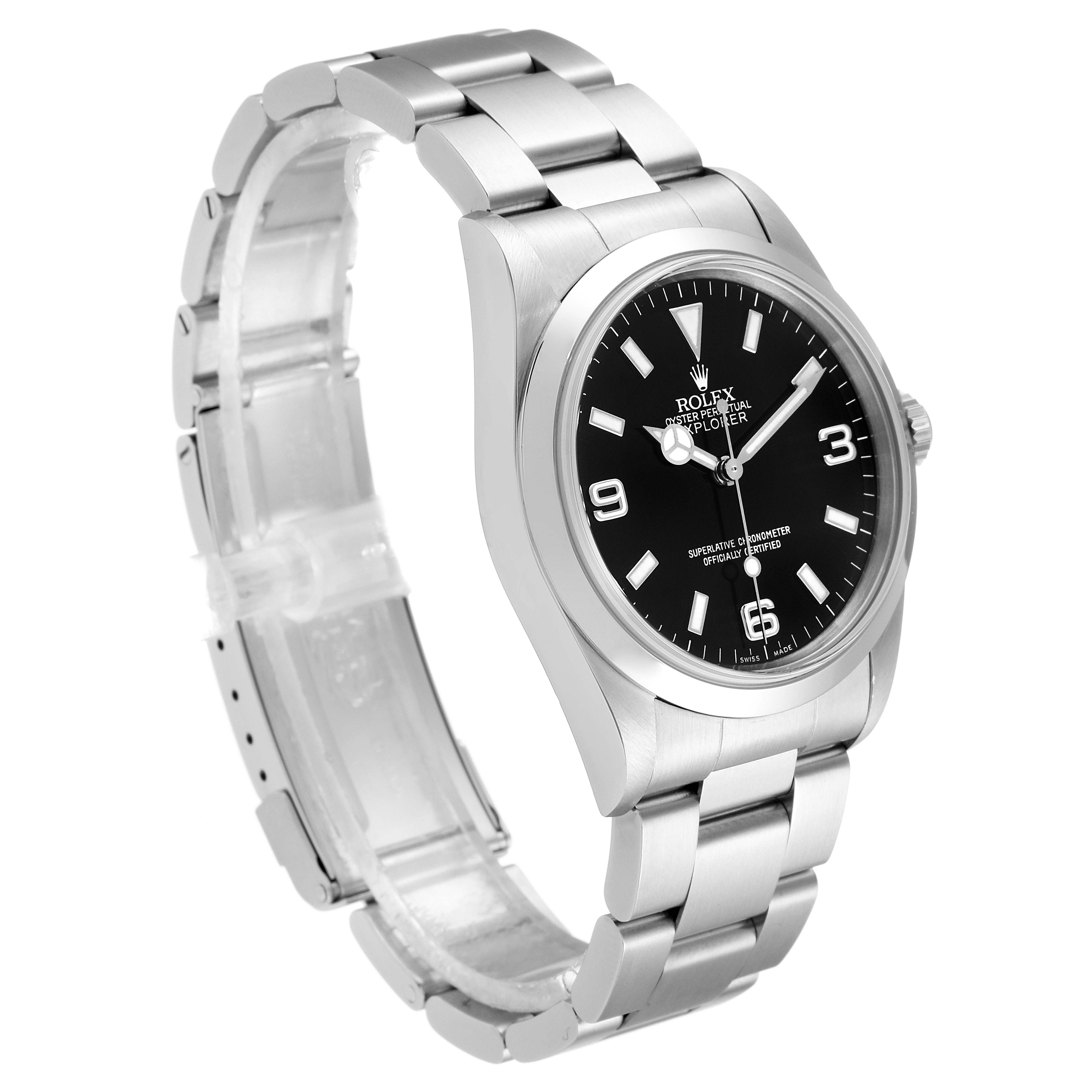 The image shows the Rolex Explorer 14270 Men
s Stainless Steel Black Dial 14270 Men
s Stainless Steel Black Dial model watch from an angled view displaying the face, bezel, and bracelet.