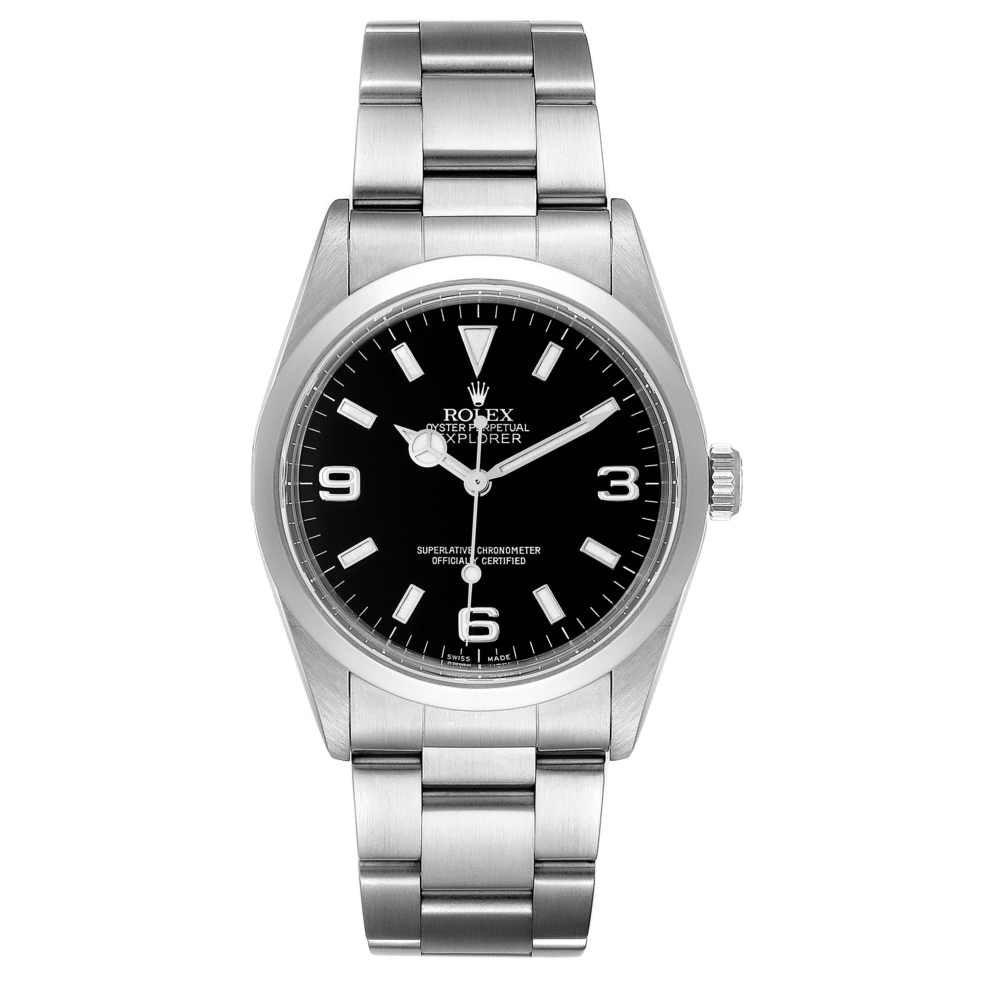 The image shows a front view of a Rolex Explorer 14270 Men
s Stainless Steel Black Dial 14270 Men
s Stainless Steel Black Dial watch, featuring the dial, bezel, crown, and bracelet.