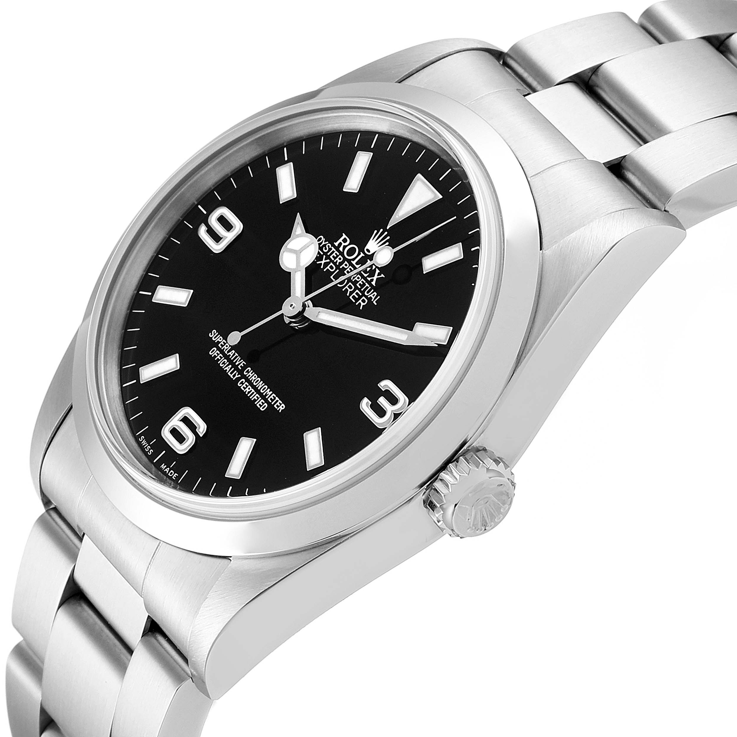 The image shows a close-up angled view of the Rolex Explorer 14270 Men
s Stainless Steel Black Dial 14270 Men
s Stainless Steel Black Dial watch, showcasing its black dial, crown, and part of the stainless steel bracelet.