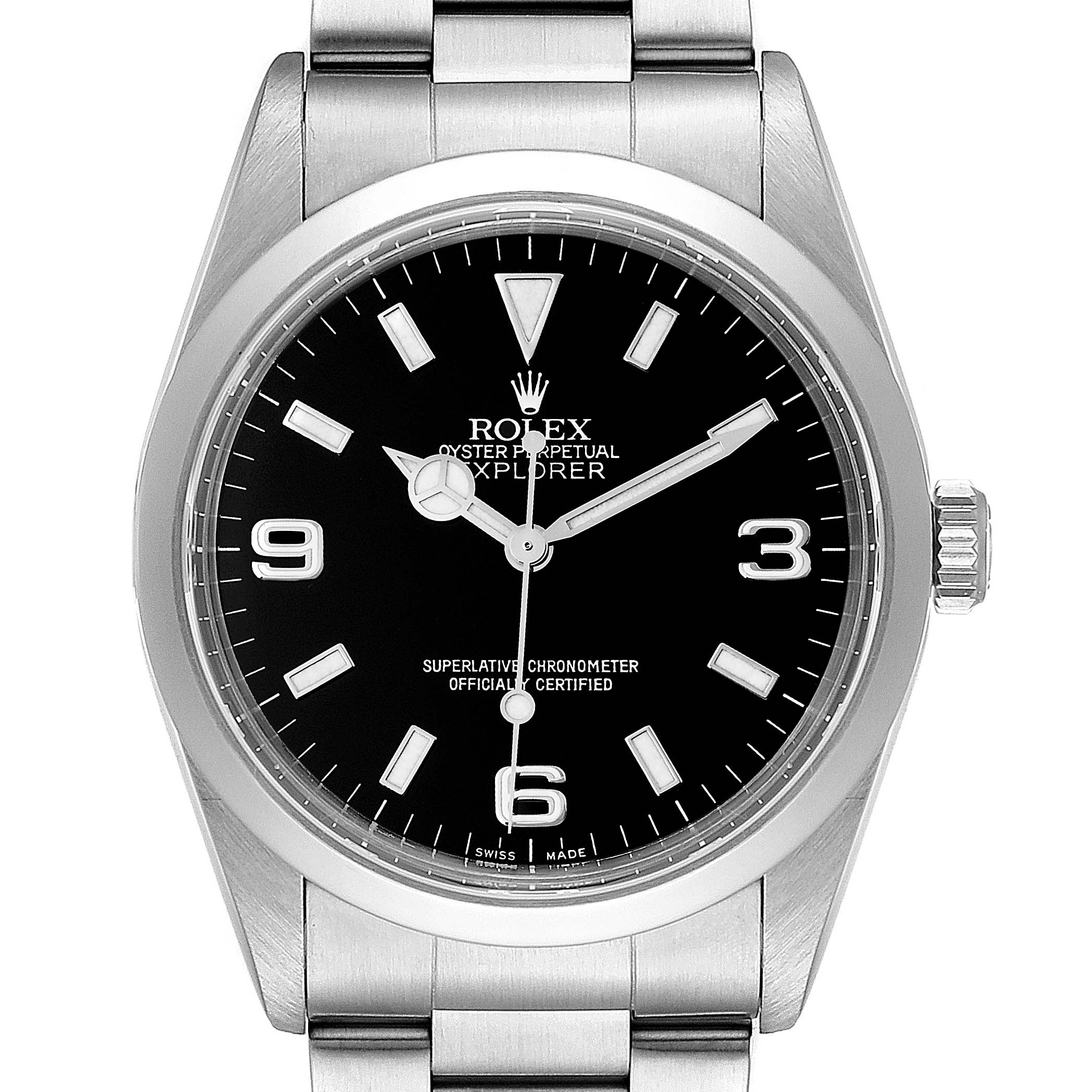 The image shows a direct front view of the Rolex Explorer 14270 Men
s Stainless Steel Black Dial 14270 Men
s Stainless Steel Black Dial watch, including the face, bezel, and part of the bracelet.