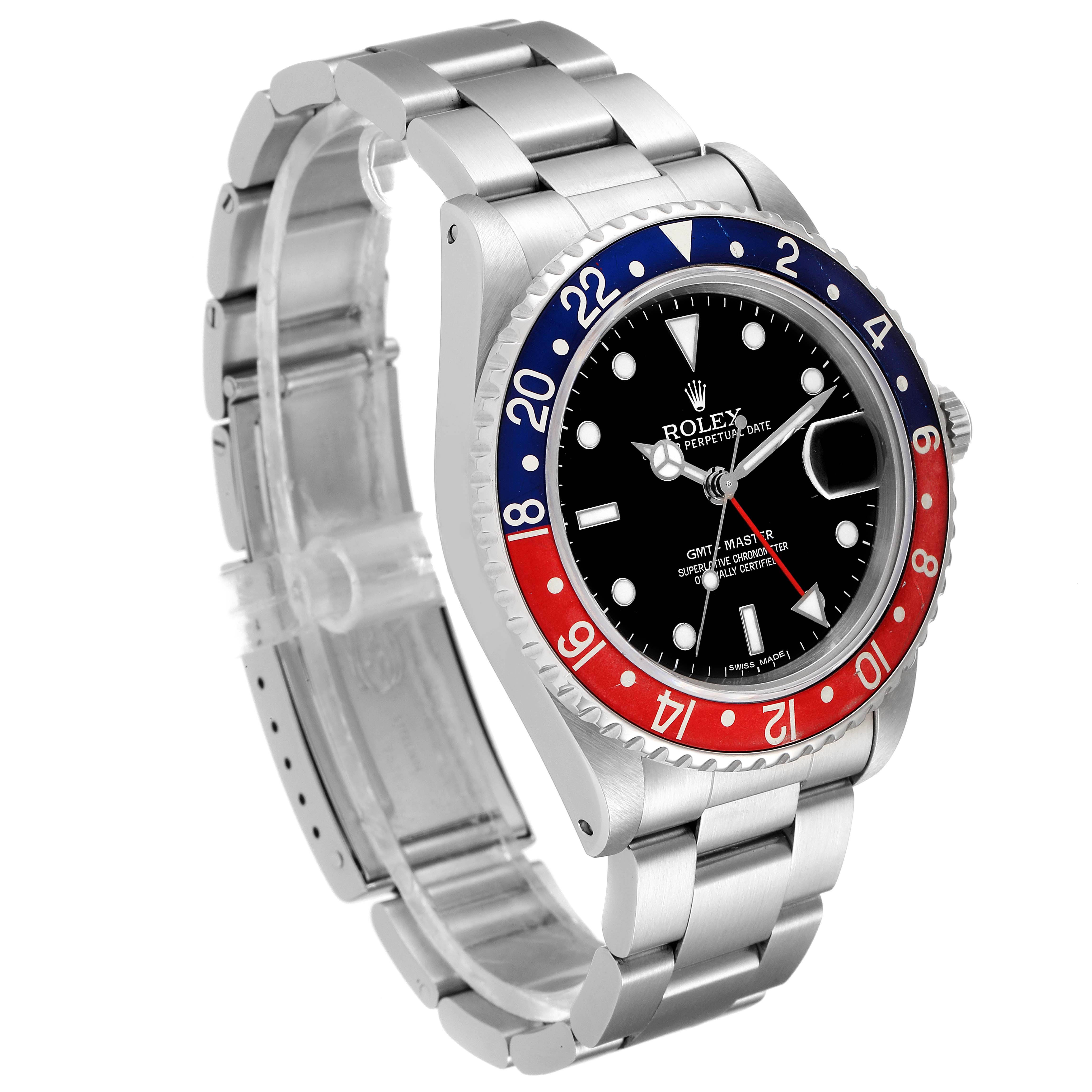 The Rolex GMT-Master 16700 Men's Stainless Steel Black Dial 16700 Men's Stainless Steel Black Dial watch is shown at an angle highlighting the face, bezel, crown, and bracelet.