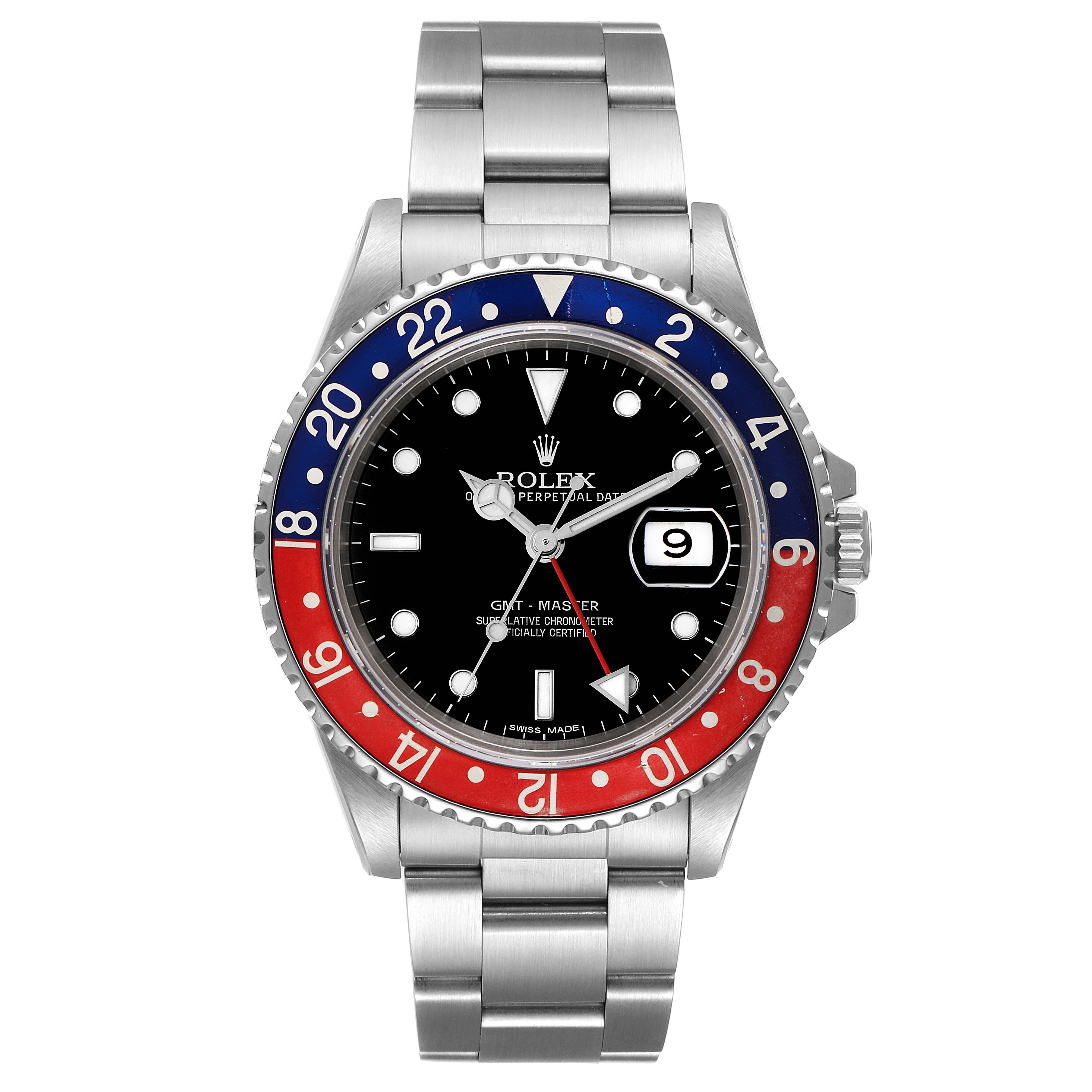 The image shows a front view of a Rolex GMT-Master 16700 Men's Stainless Steel Black Dial 16700 Men's Stainless Steel Black Dial watch, displaying its dial, bezel, and bracelet.