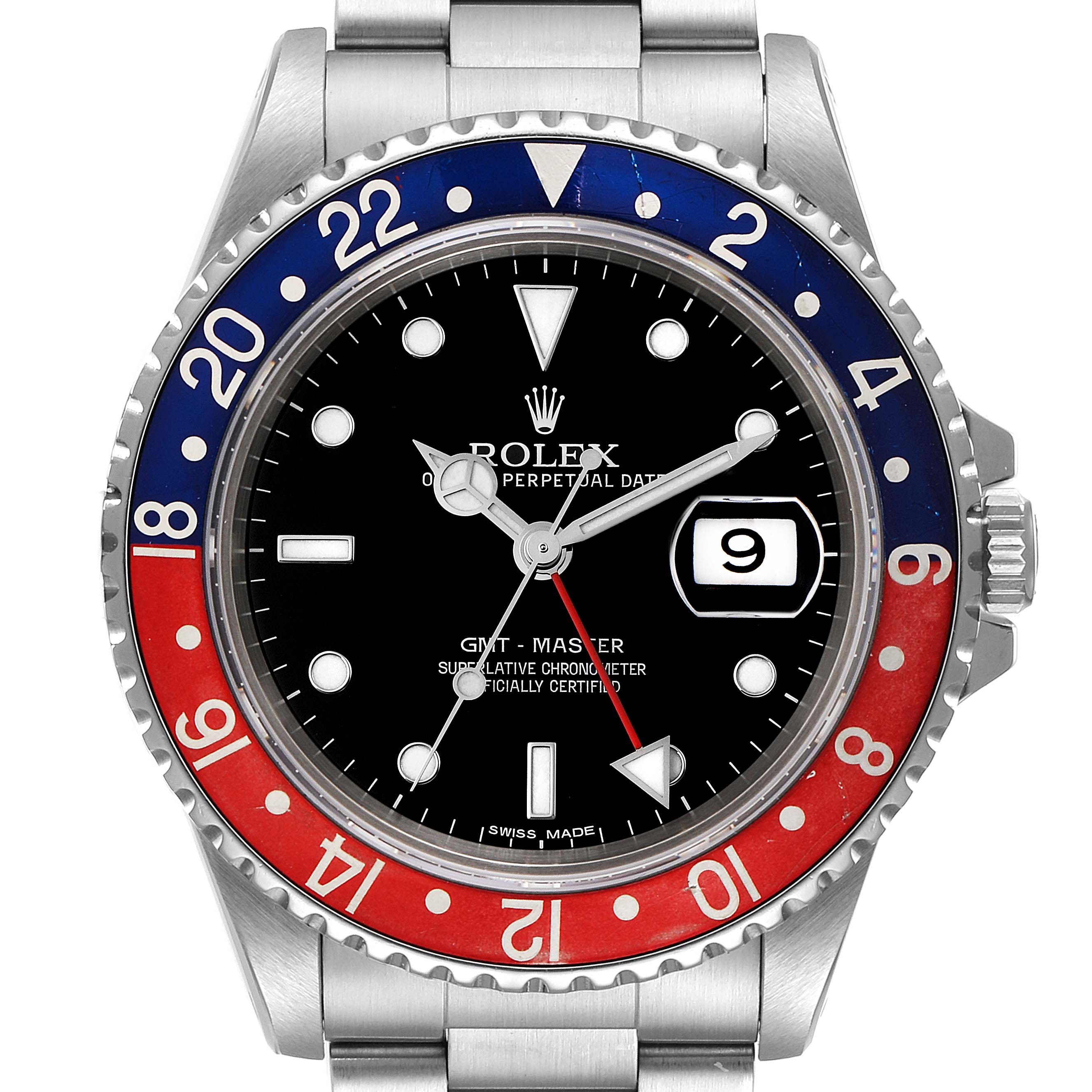 The image shows a front angle view of the Rolex GMT-Master 16700 Men's Stainless Steel Black Dial 16700 Men's Stainless Steel Black Dial, highlighting its face, bezel, hour markers, and date window.