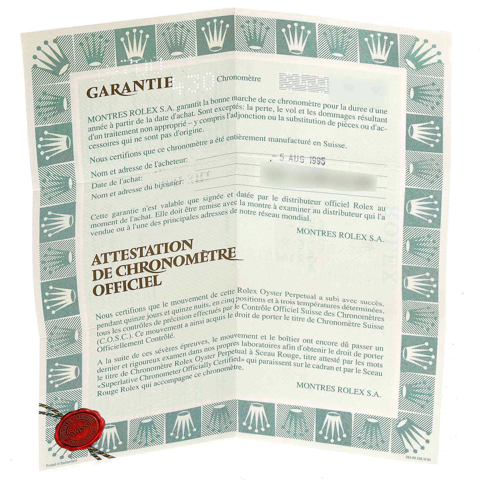 This is an image of a warranty and chronometer certificate document for a Rolex GMT-Master 16700 Men's Stainless Steel Black Dial 16700 Men's Stainless Steel Black Dial watch.