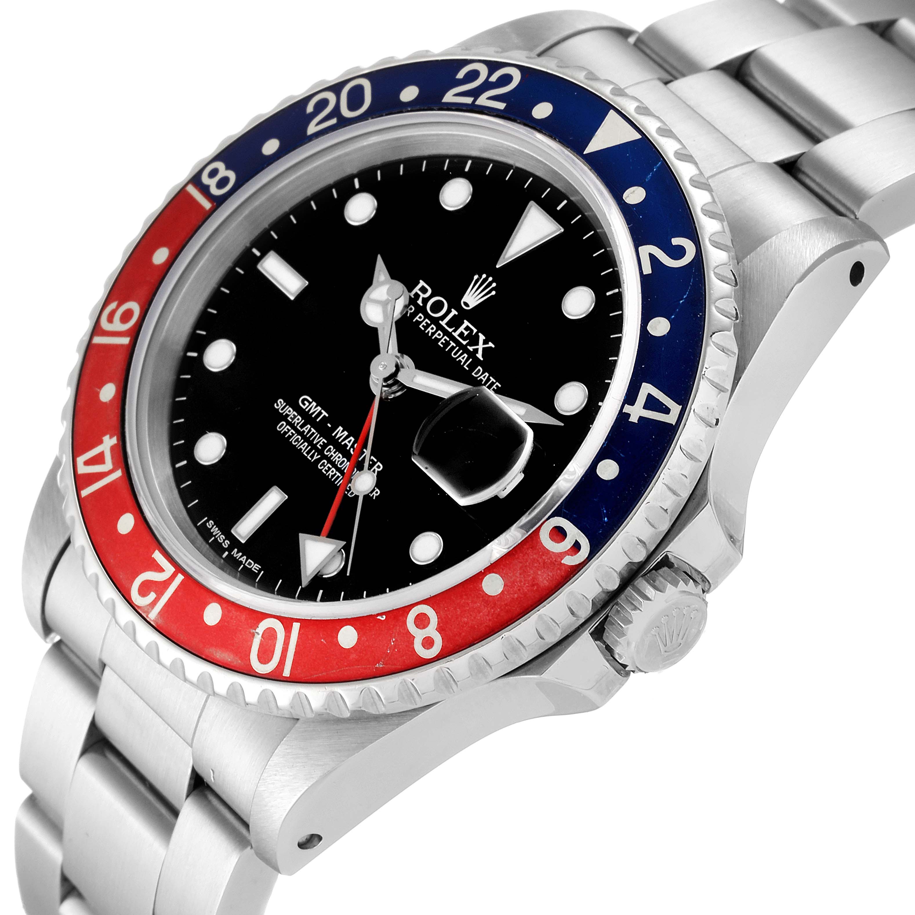 The image shows a side and front diagonal view of a Rolex GMT-Master 16700 Men's Stainless Steel Black Dial 16700 Men's Stainless Steel Black Dial watch, highlighting the bezel, case, crown, and bracelet.
