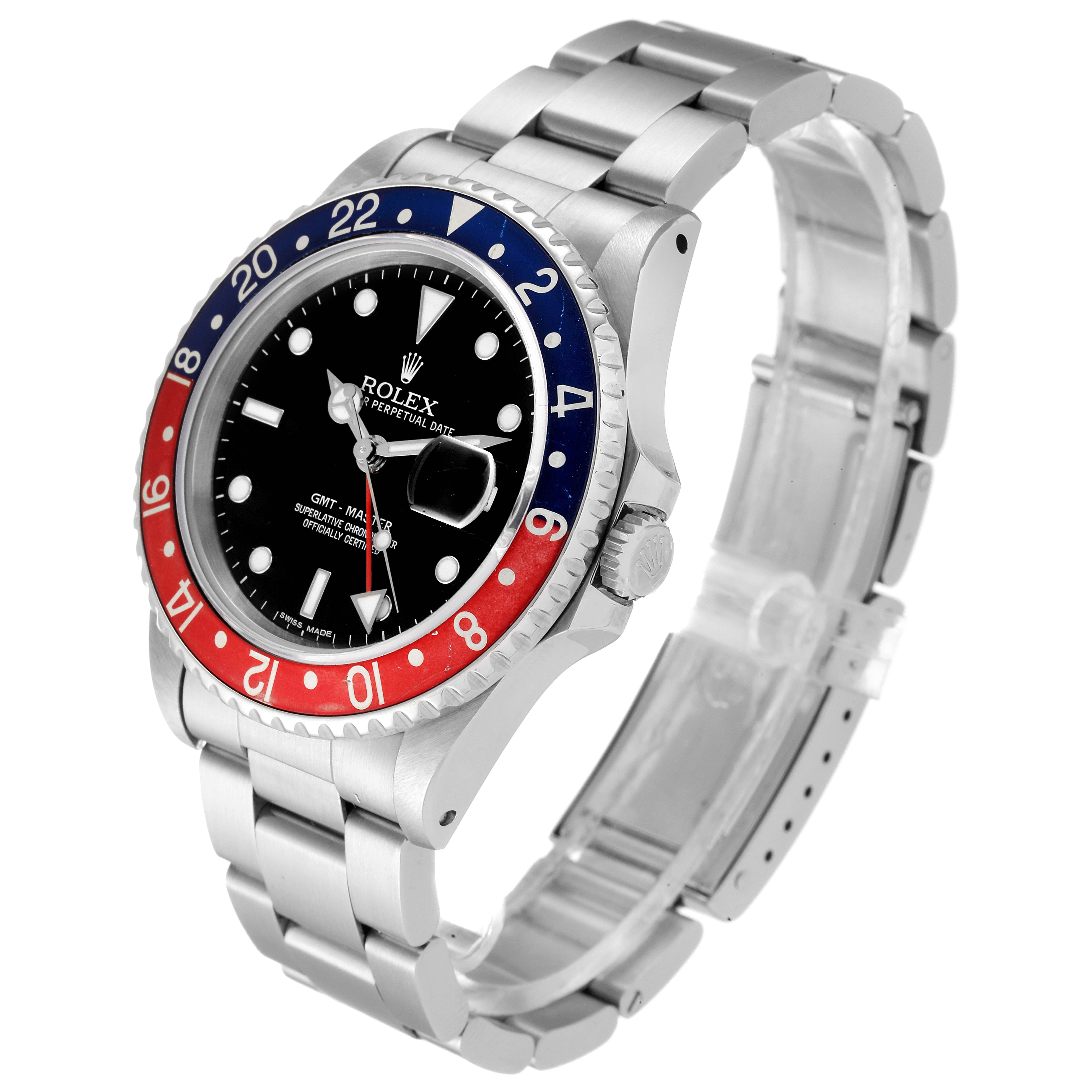 This Rolex GMT-Master 16700 Men's Stainless Steel Black Dial 16700 Men's Stainless Steel Black Dial watch is shown from a three-quarter angle, highlighting the bezel, dial, and bracelet.