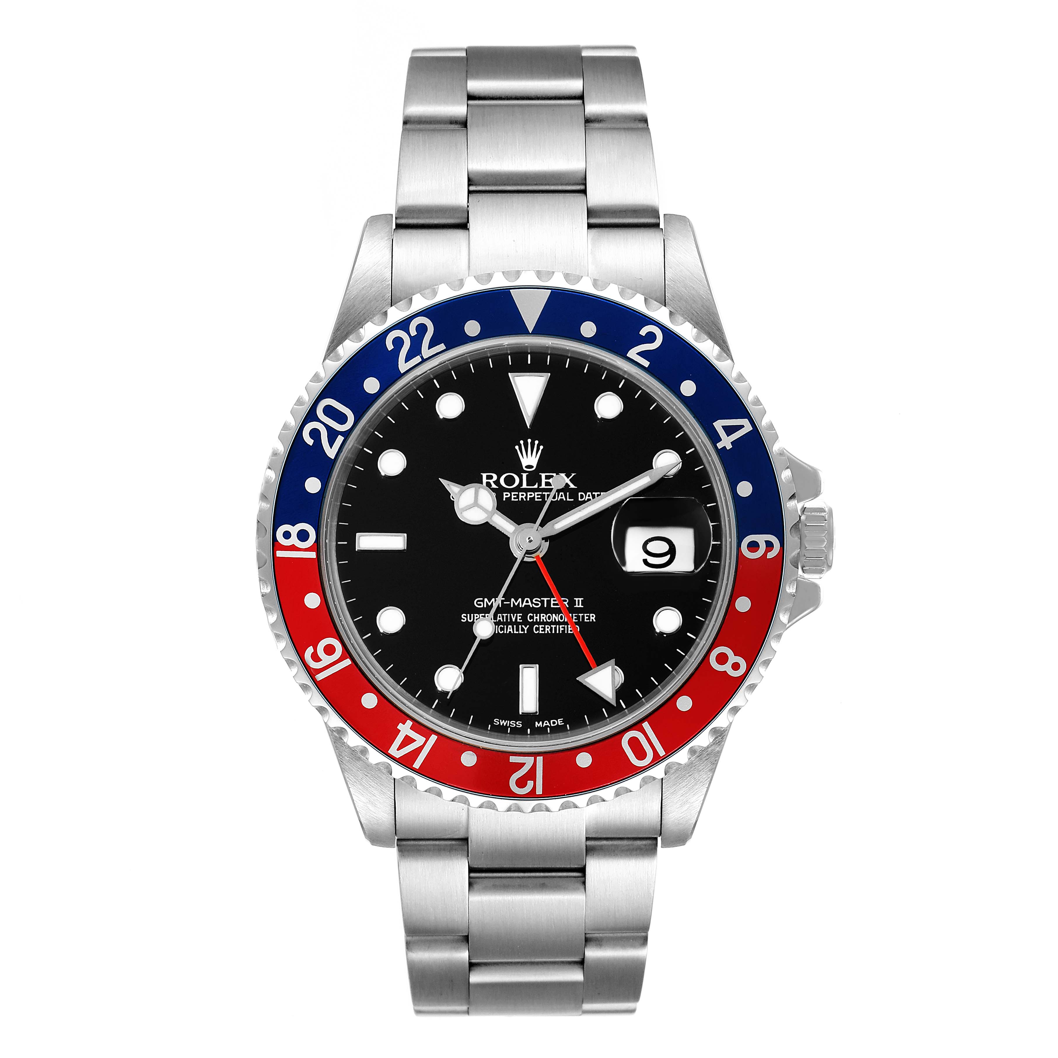The image shows a frontal view of a Rolex GMT-Master 16710 Men
s Stainless Steel Black Dial 16710 Men
s Stainless Steel Black Dial II watch, highlighting its dial, bezel, and bracelet.