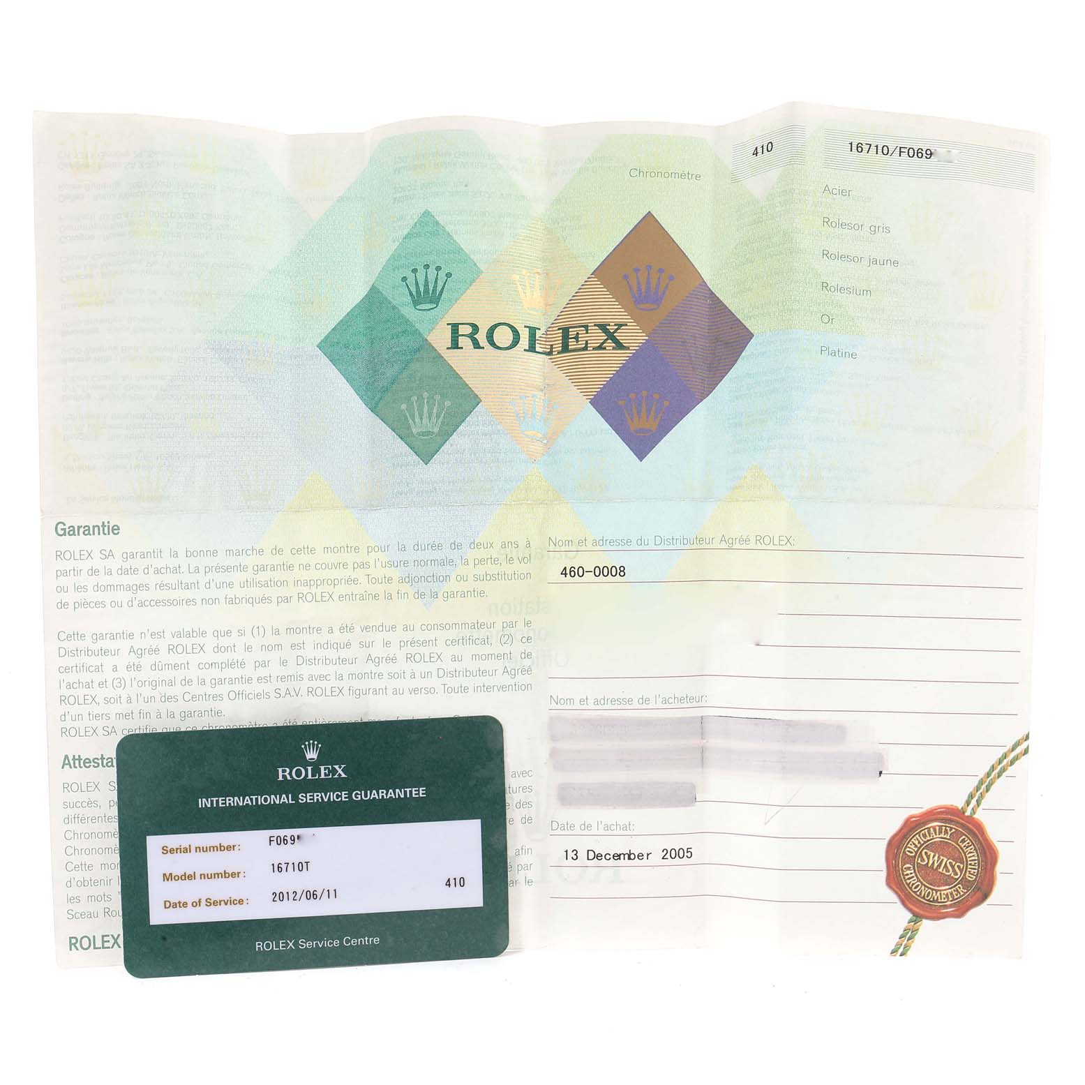 The image shows the warranty and service documents for a Rolex GMT-Master 16710 Men
s Stainless Steel Black Dial 16710 Men
s Stainless Steel Black Dial model.