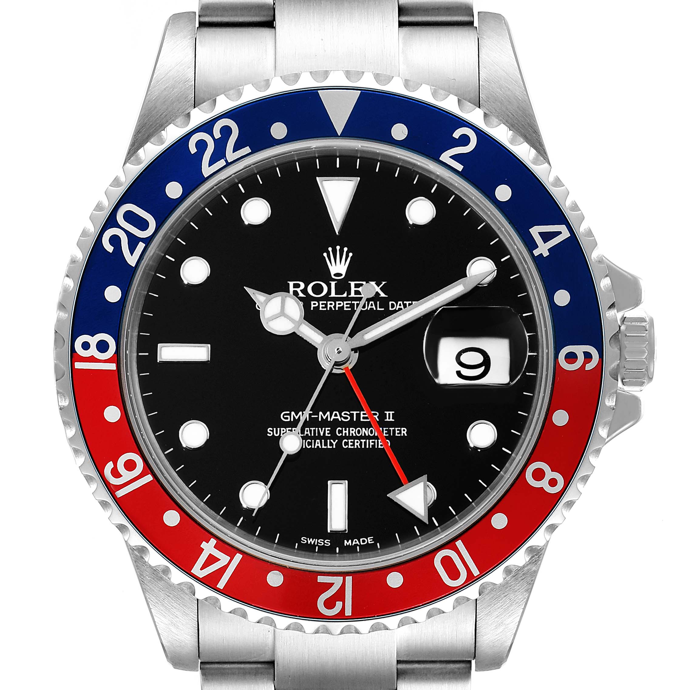 This image shows a front view of a Rolex GMT-Master 16710 Men
s Stainless Steel Black Dial 16710 Men
s Stainless Steel Black Dial II watch, including the bezel, dial, hands, and bracelet.