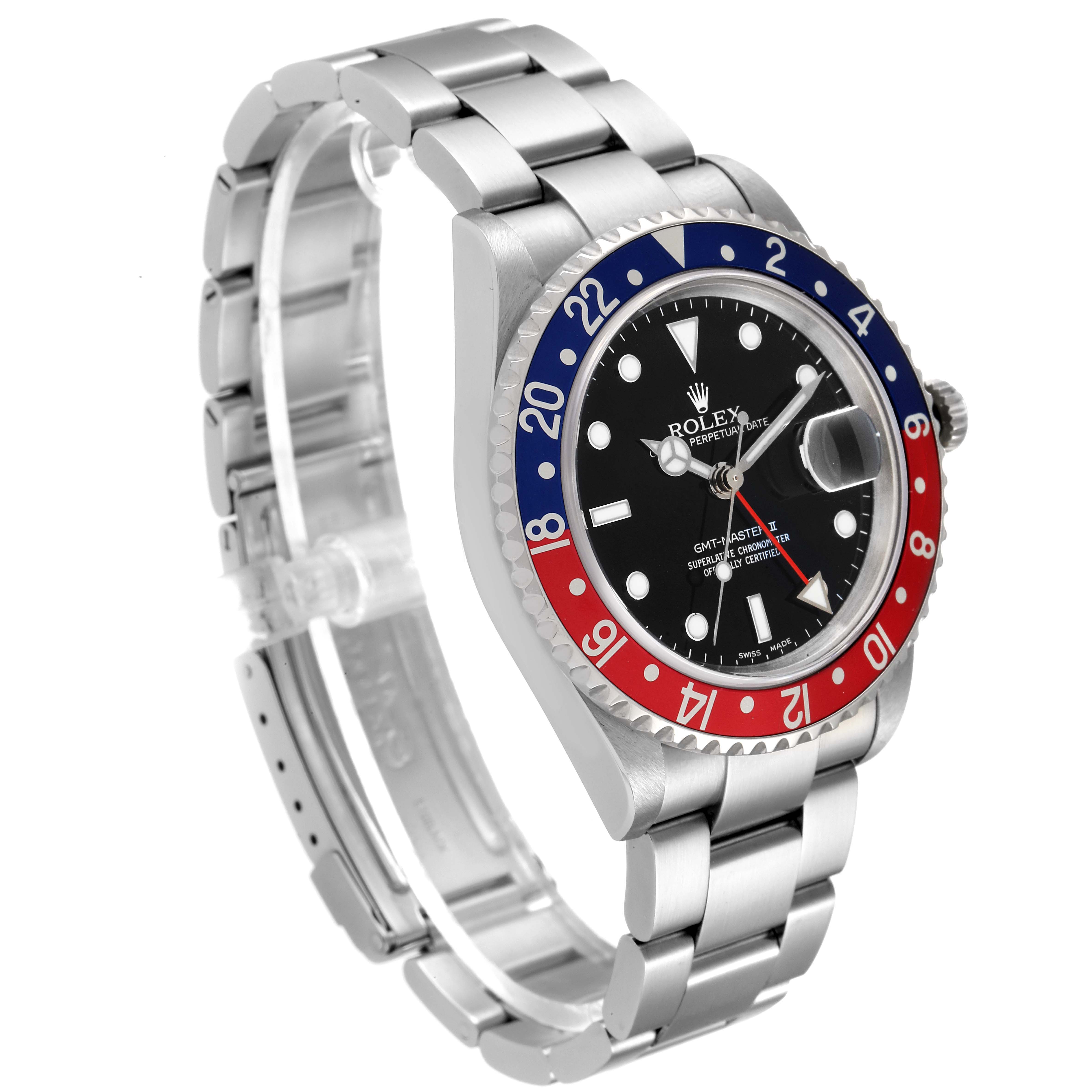 The image shows a side view of a Rolex GMT-Master 16710 Men
s Stainless Steel Black Dial 16710 Men
s Stainless Steel Black Dial II watch, highlighting its bezel, bracelet, and part of the dial.