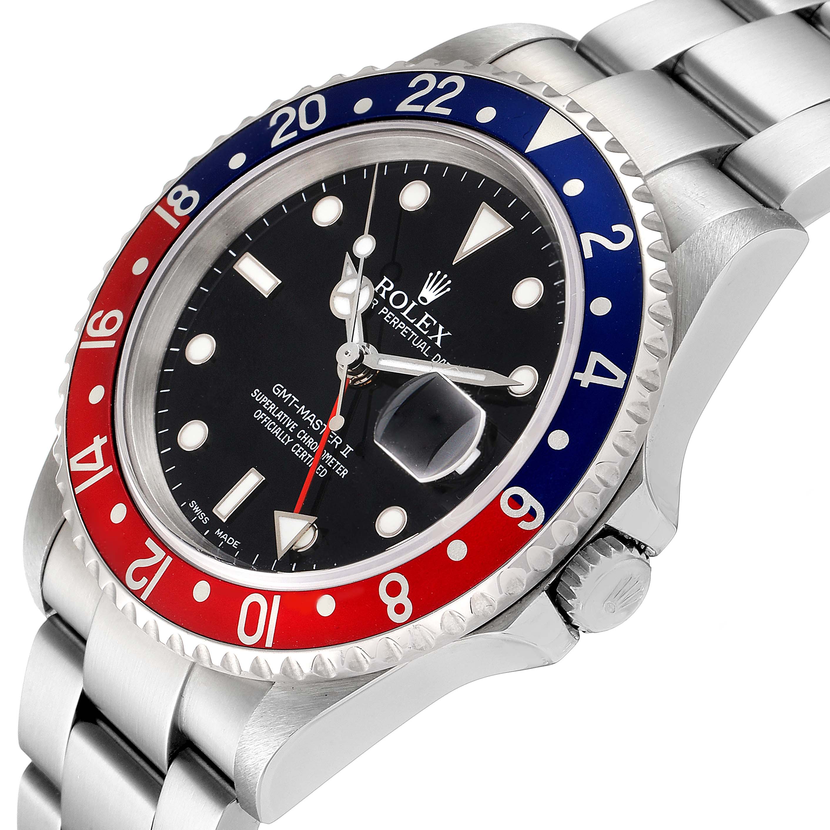 The image shows a close-up angle of a Rolex GMT-Master 16710 Men
s Stainless Steel Black Dial 16710 Men
s Stainless Steel Black Dial watch, highlighting its face, bezel, and part of the bracelet.