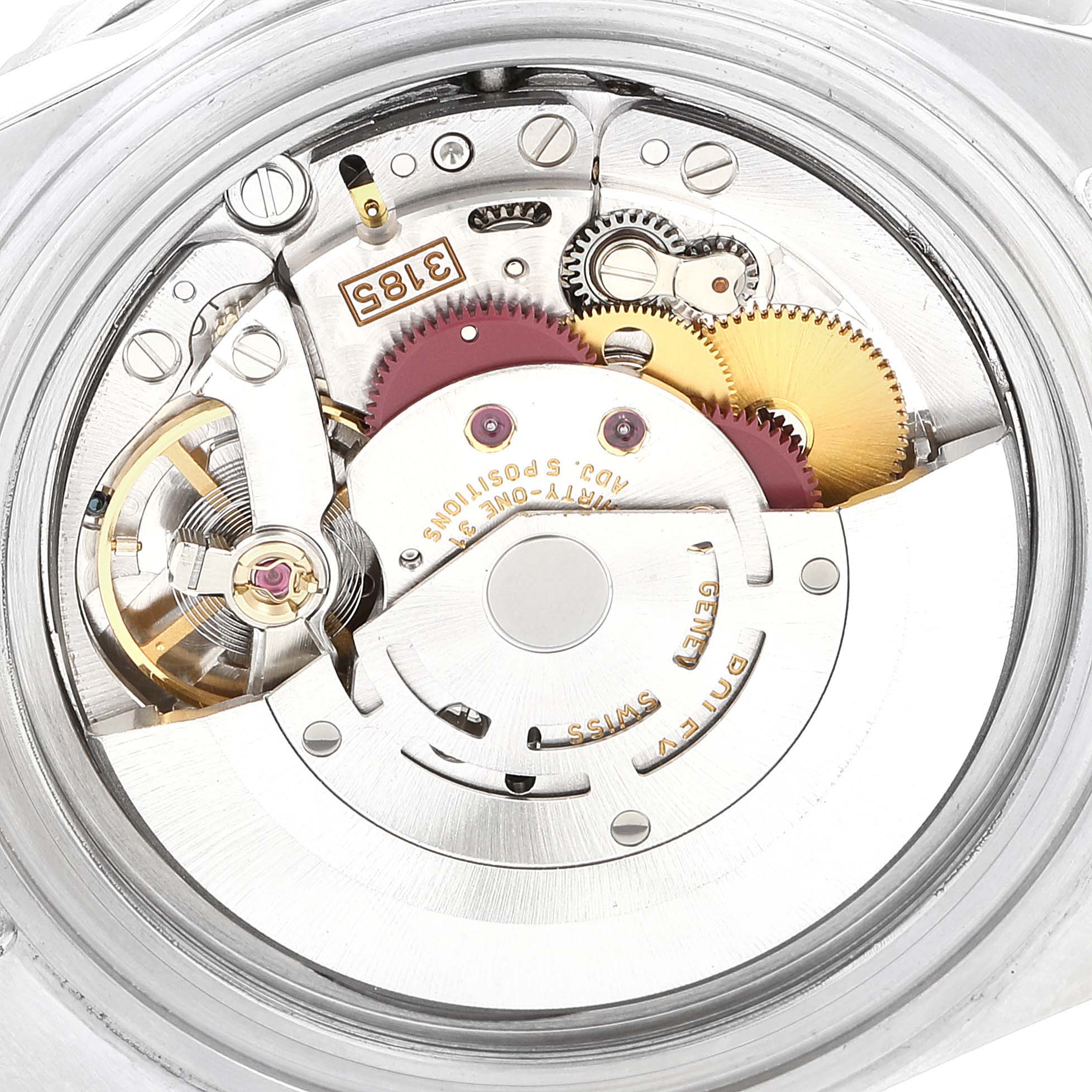 The image shows the inner mechanical movement of a Rolex GMT-Master 16710 Men
s Stainless Steel Black Dial 16710 Men
s Stainless Steel Black Dial watch from a rear angle.