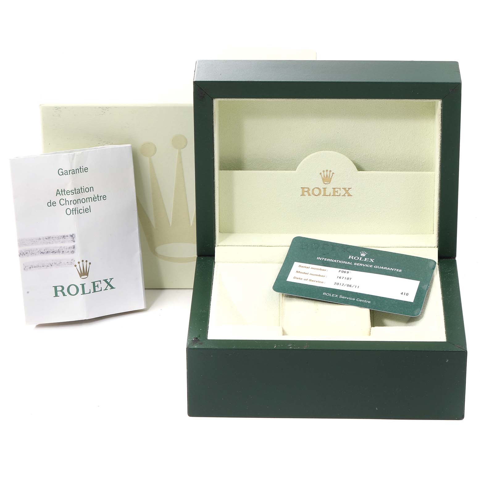 The image shows a Rolex GMT-Master 16710 Men
s Stainless Steel Black Dial 16710 Men
s Stainless Steel Black Dial watch box with an official certificate and an international service guarantee card.