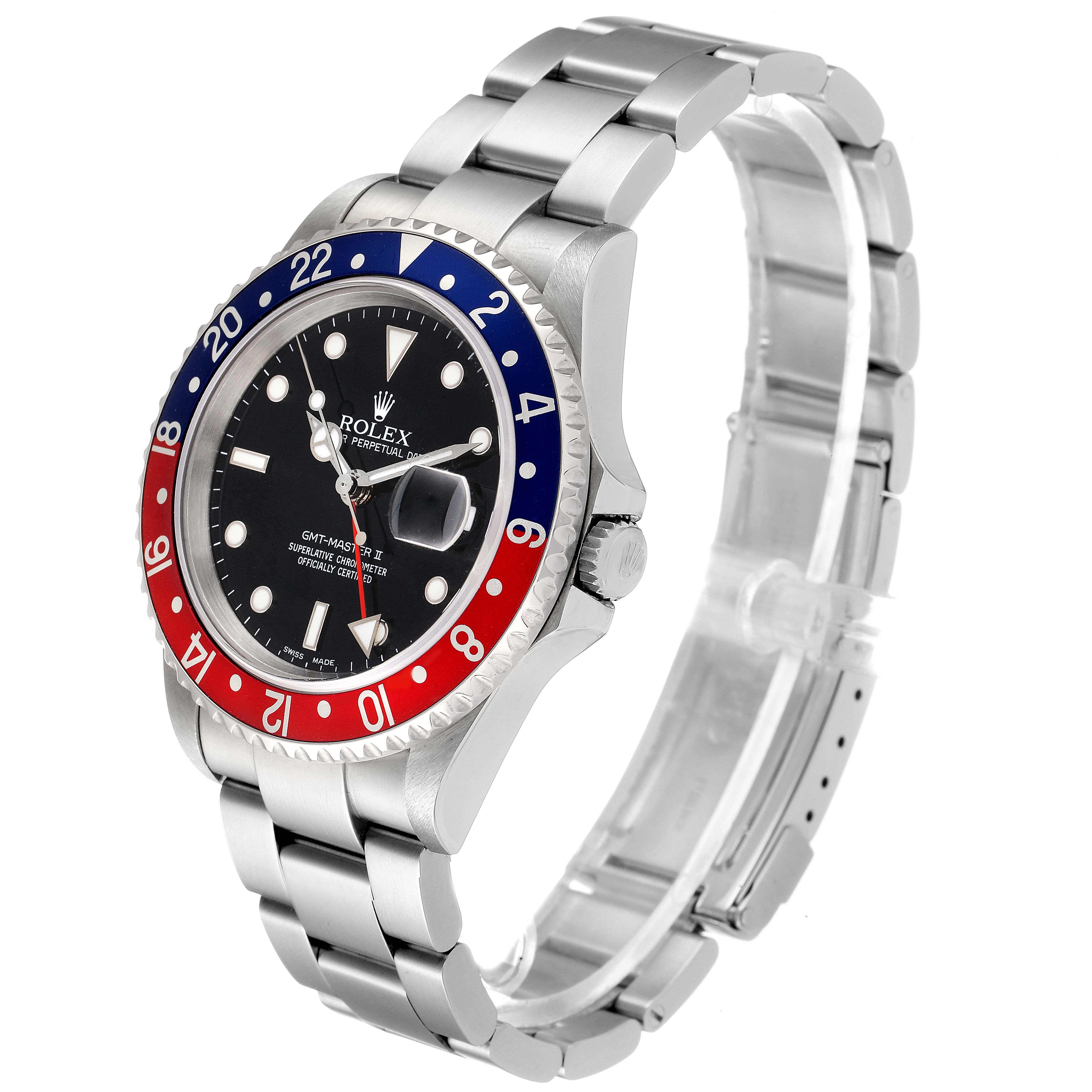 The image shows a side angle of the Rolex GMT-Master 16710 Men
s Stainless Steel Black Dial 16710 Men
s Stainless Steel Black Dial with a red and blue bezel and a stainless steel bracelet.