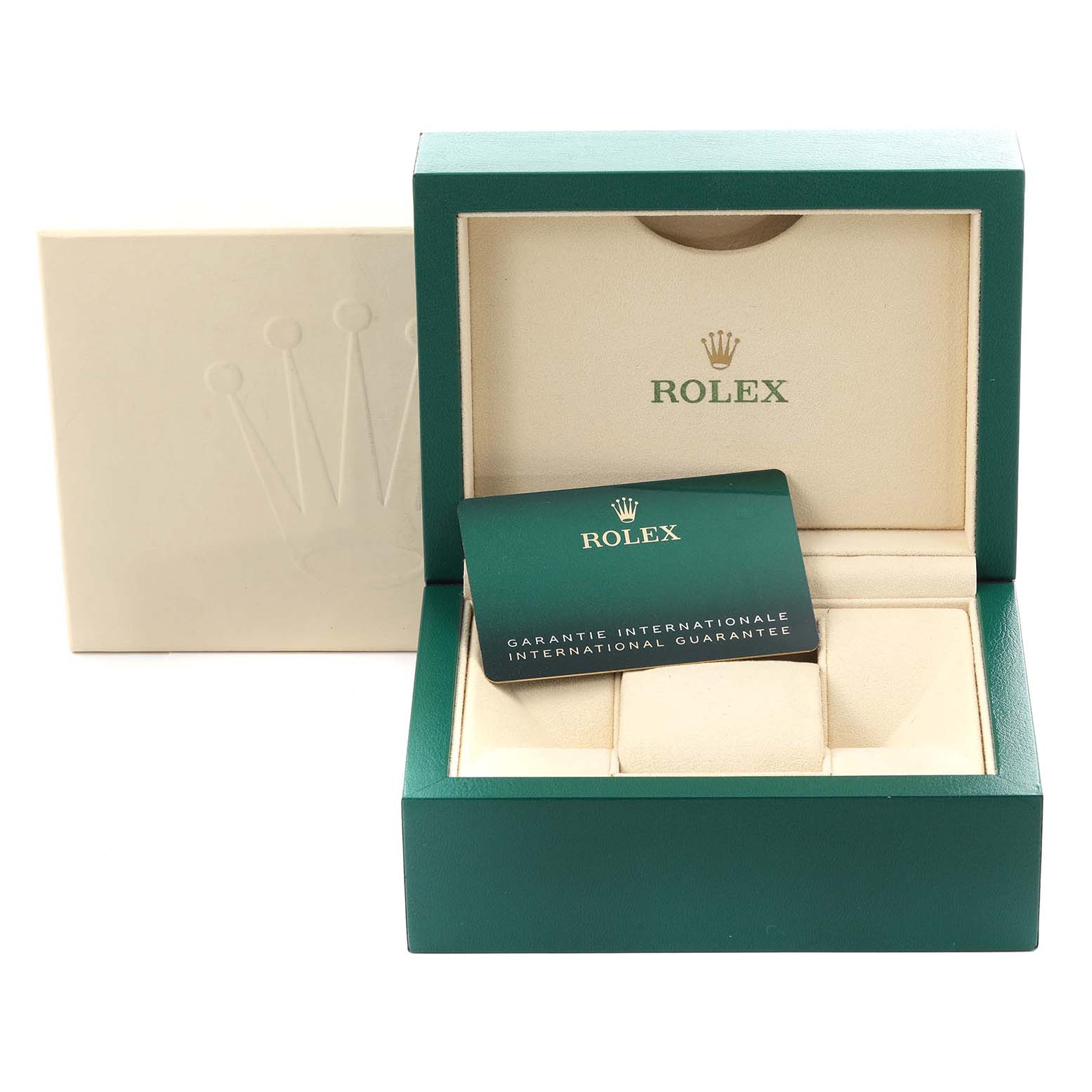 The image shows a green Rolex box for a Mid-Size model with warranty card and packaging.
