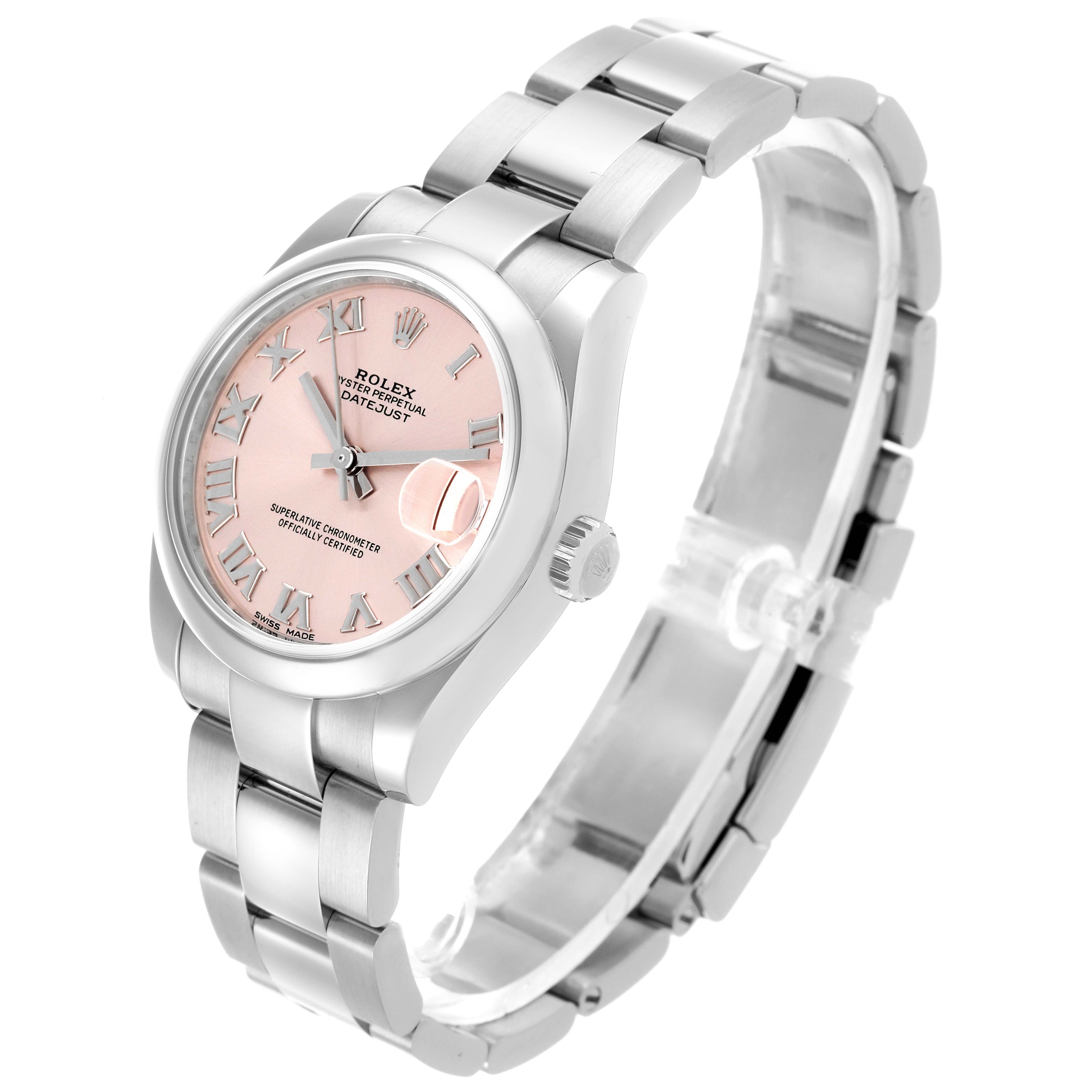 This Rolex Mid-Size 178240 Women's Stainless Steel Pink Dial 178240 Women's Stainless Steel Pink Dial watch is shown from an angled view, displaying the bracelet, case, crown, and dial with Roman numerals.