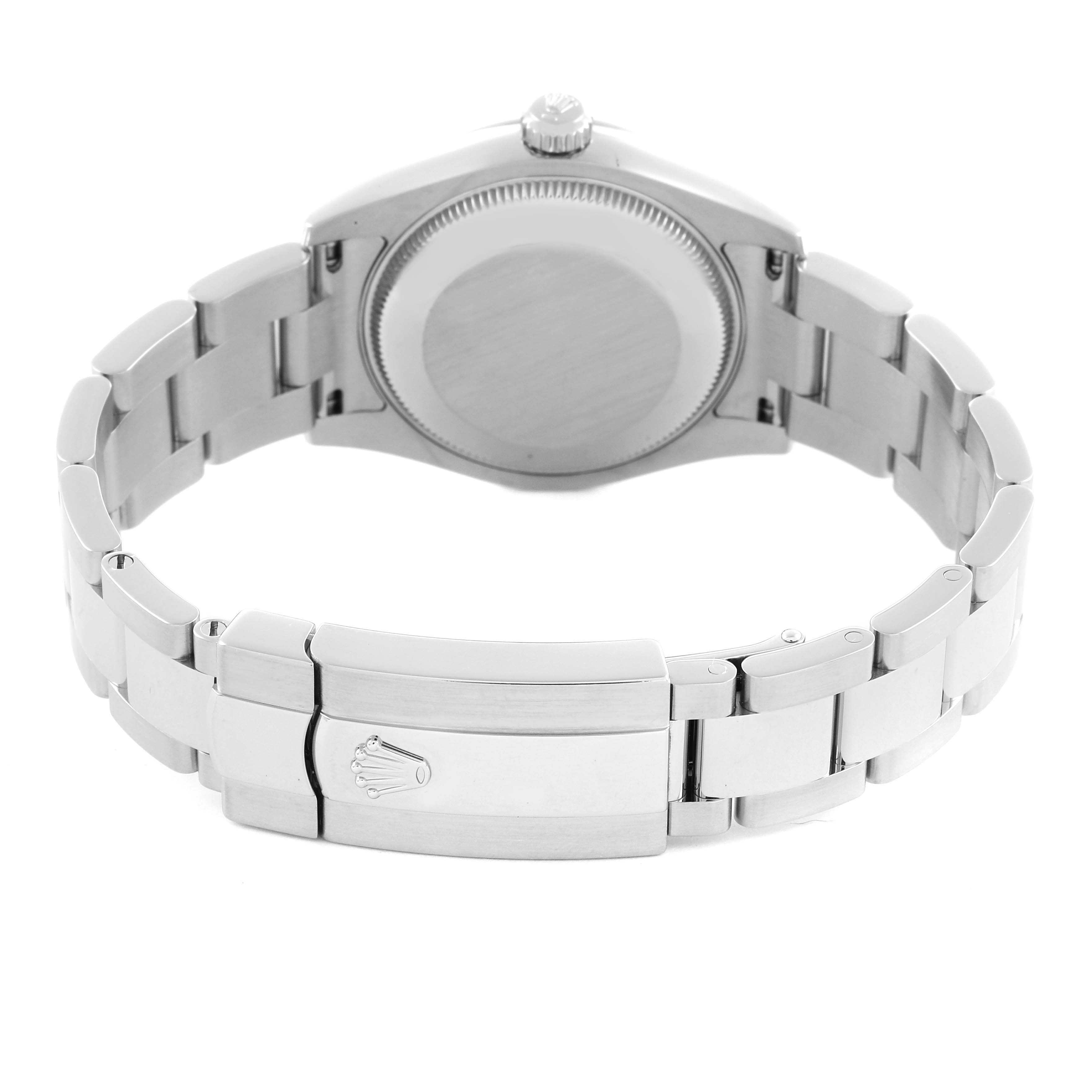 The Rolex Mid-Size 178240 Women's Stainless Steel Pink Dial 178240 Women's Stainless Steel Pink Dial watch is shown from the back, displaying the bracelet and clasp with the logo.