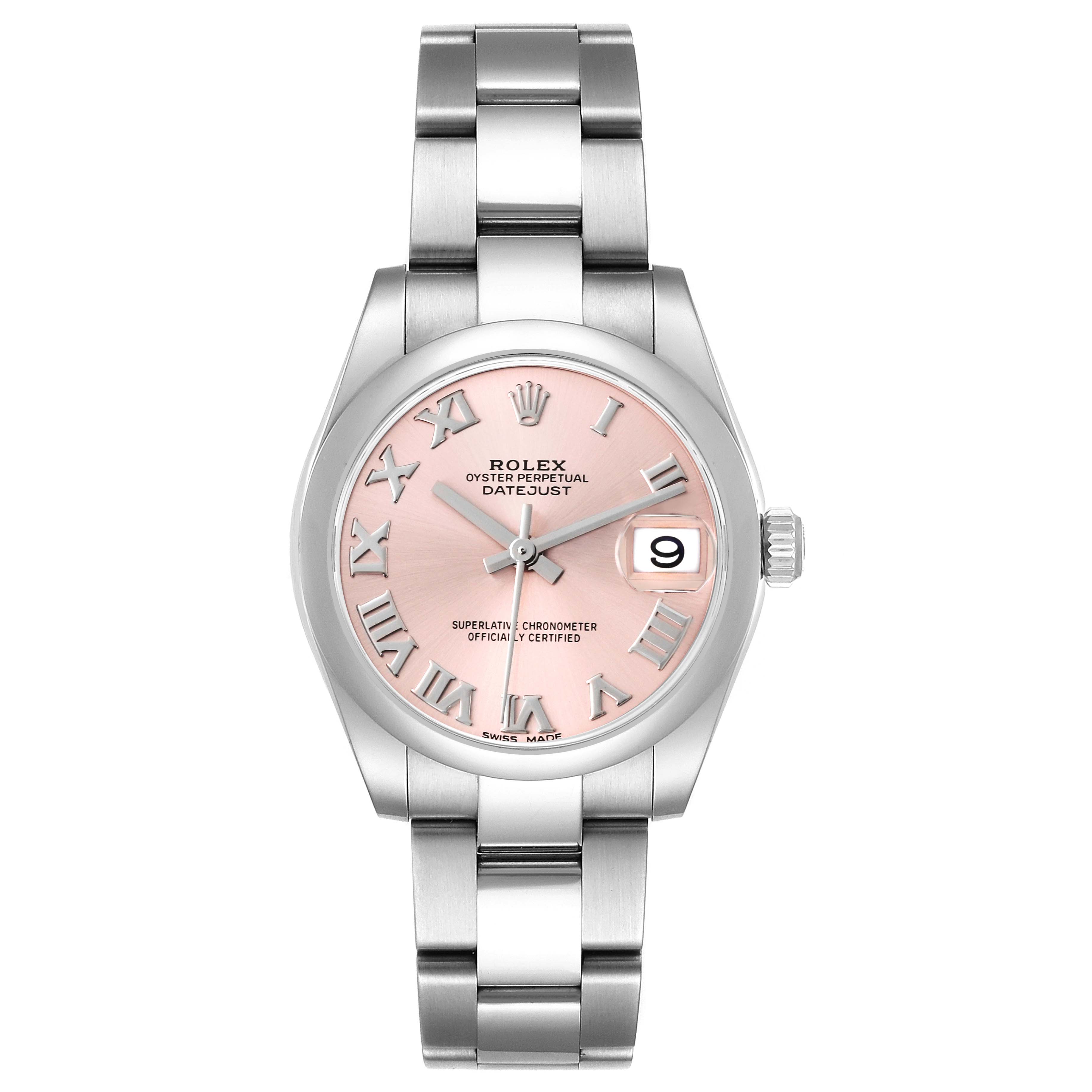 The Rolex Datejust Mid-Size watch is shown from the front, displaying its dial, bracelet, and crown.