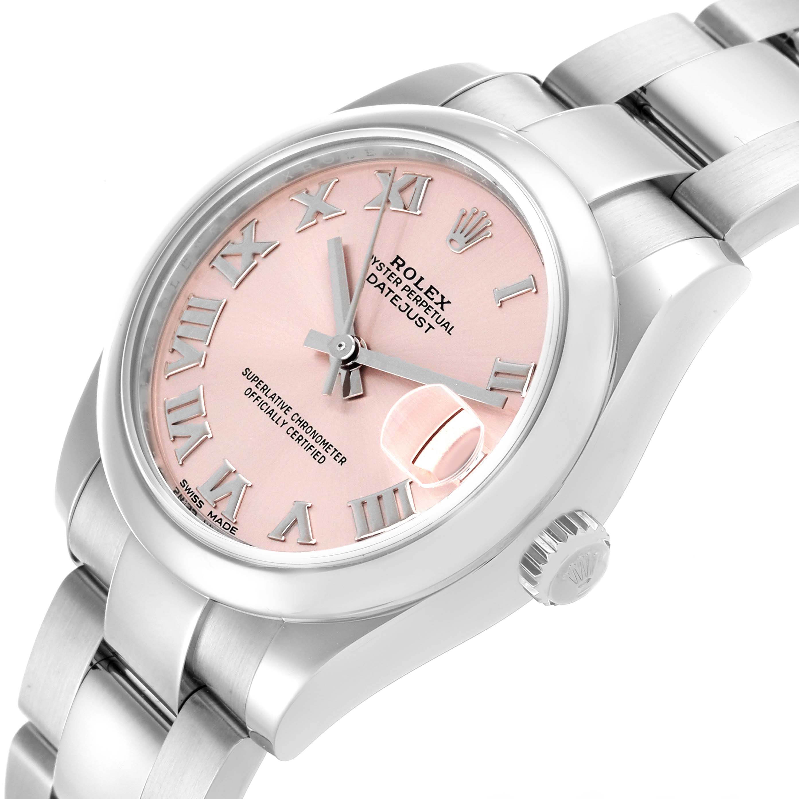 The Rolex Mid-Size 178240 Women's Stainless Steel Pink Dial 178240 Women's Stainless Steel Pink Dial watch is shown at a three-quarter angle, featuring the pink dial, bezel, bracelet, and crown.