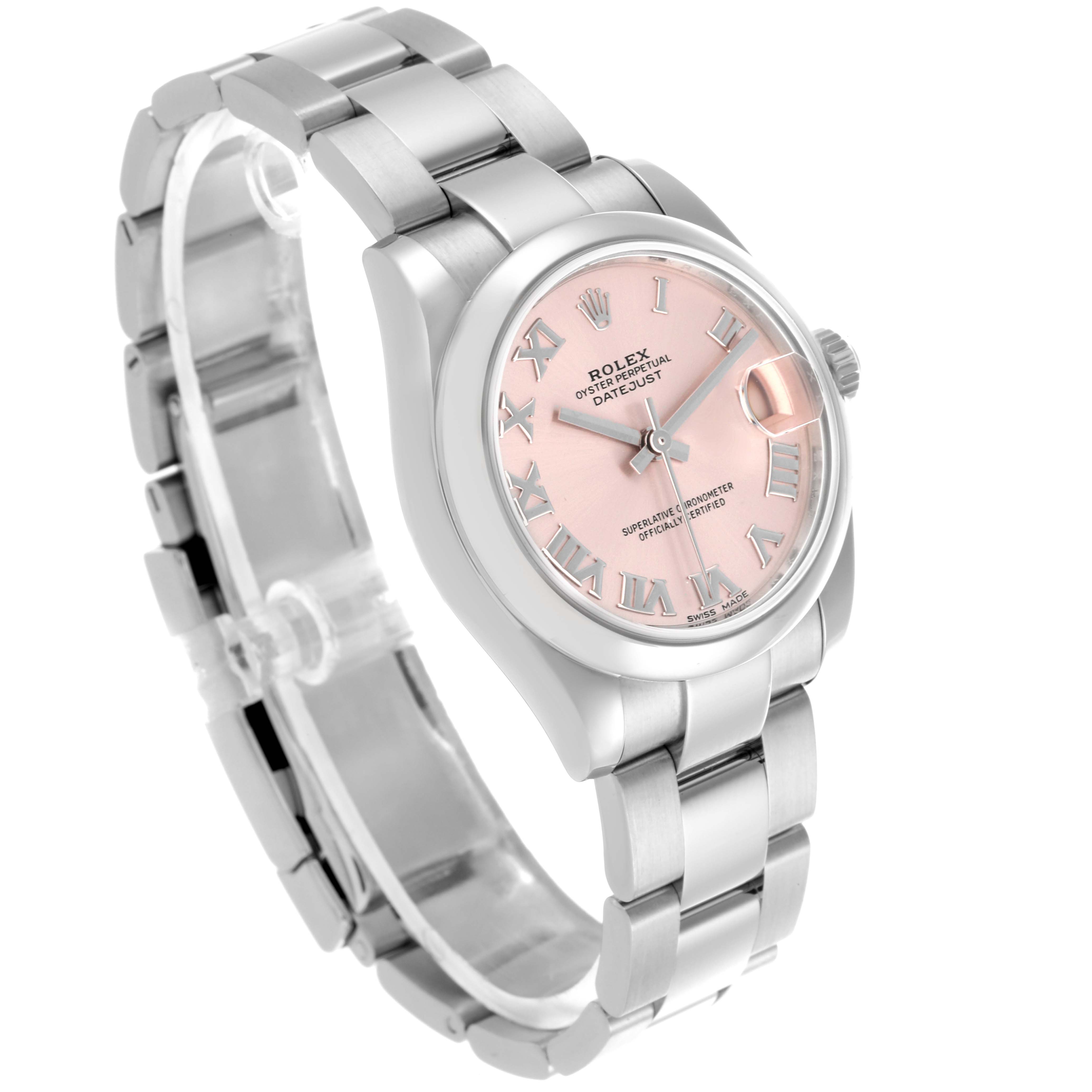 The Rolex Datejust Mid-Size watch is displayed at an angled view, highlighting the face, bracelet, and side profile.