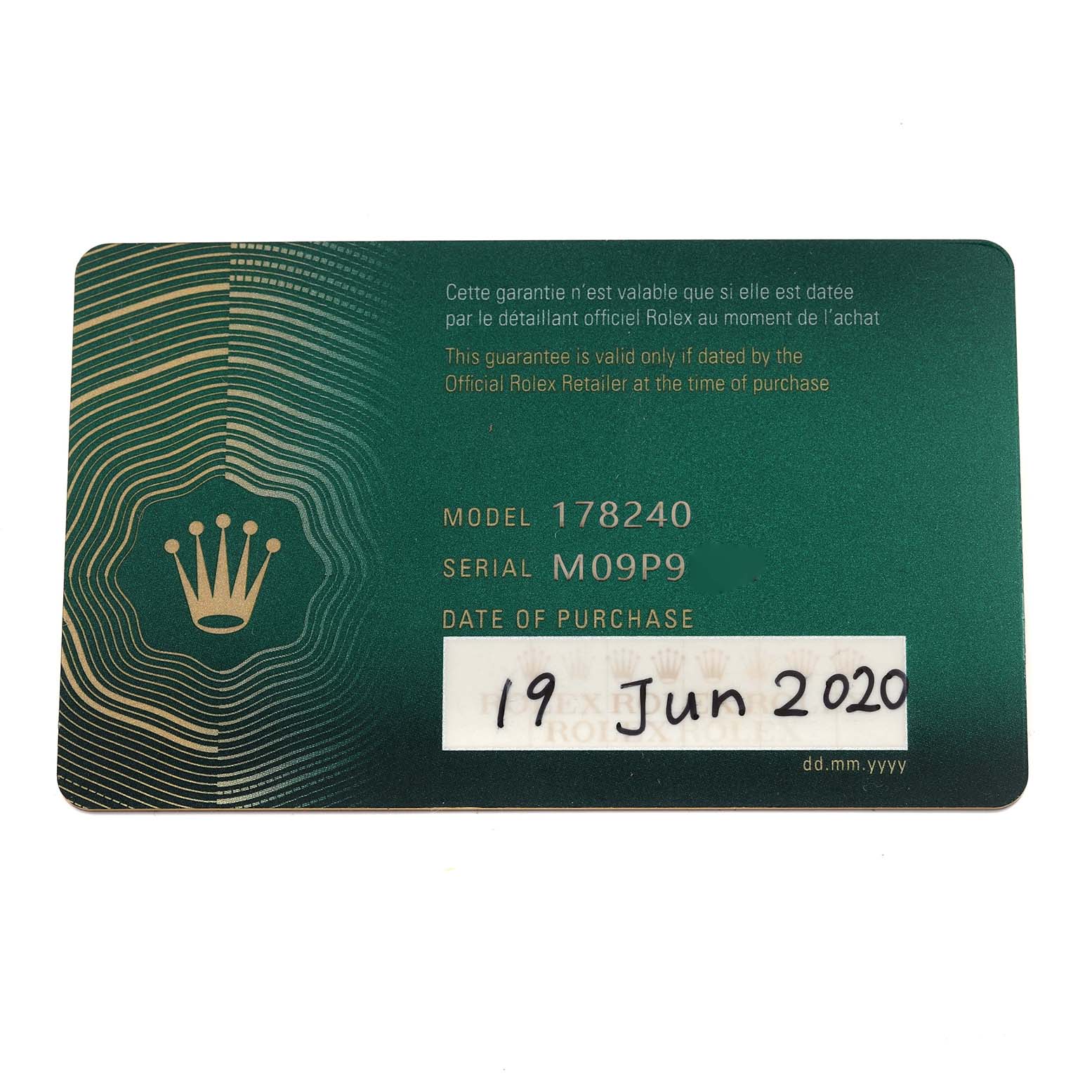 The image shows a Rolex warranty card for a Mid-Size model, 178240.