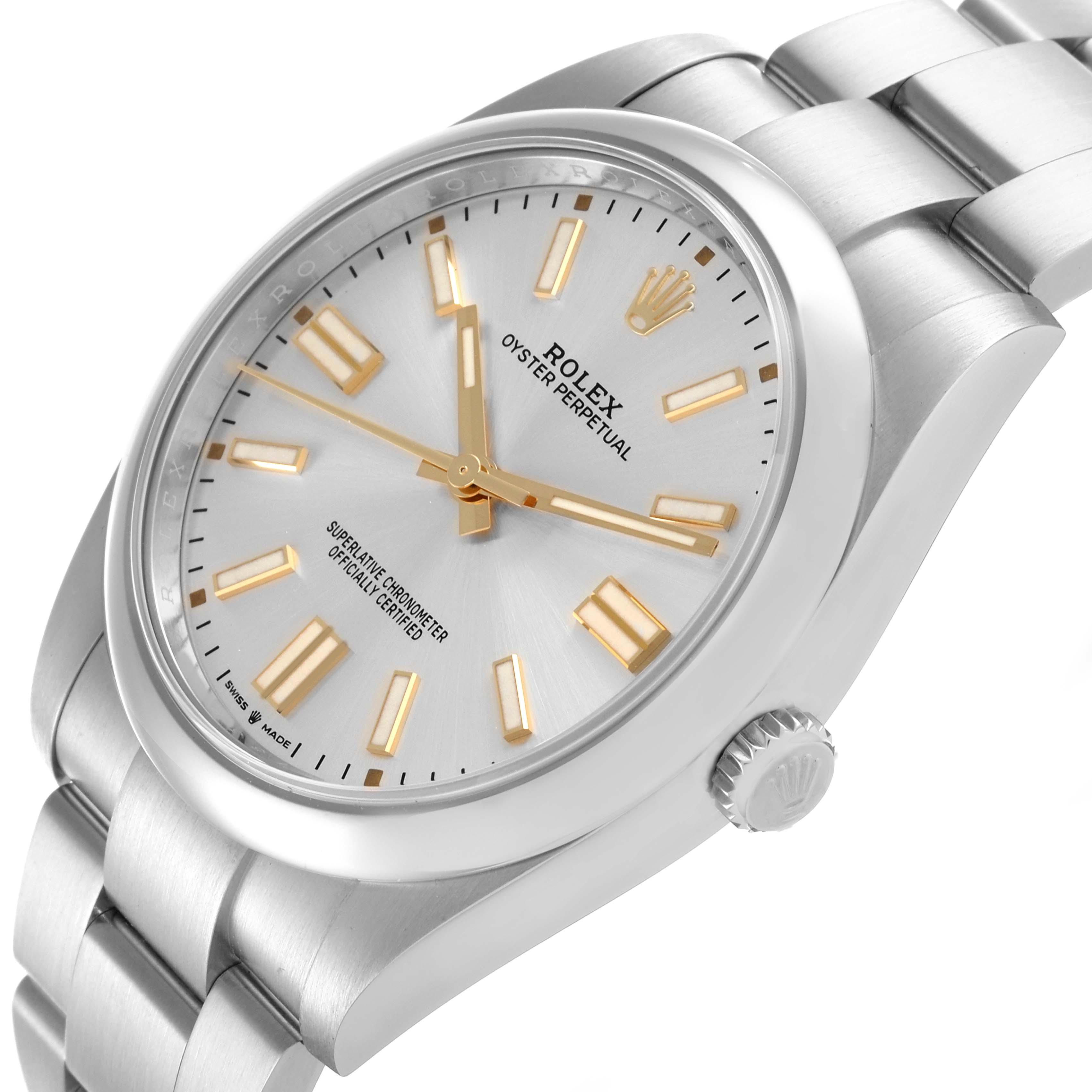 The Rolex Oyster Perpetual 124300 Men's Stainless Steel Silver Dial 124300 Men's Stainless Steel Silver Dial watch is shown at an angle displaying the face, bezel, crown, and part of the bracelet.
