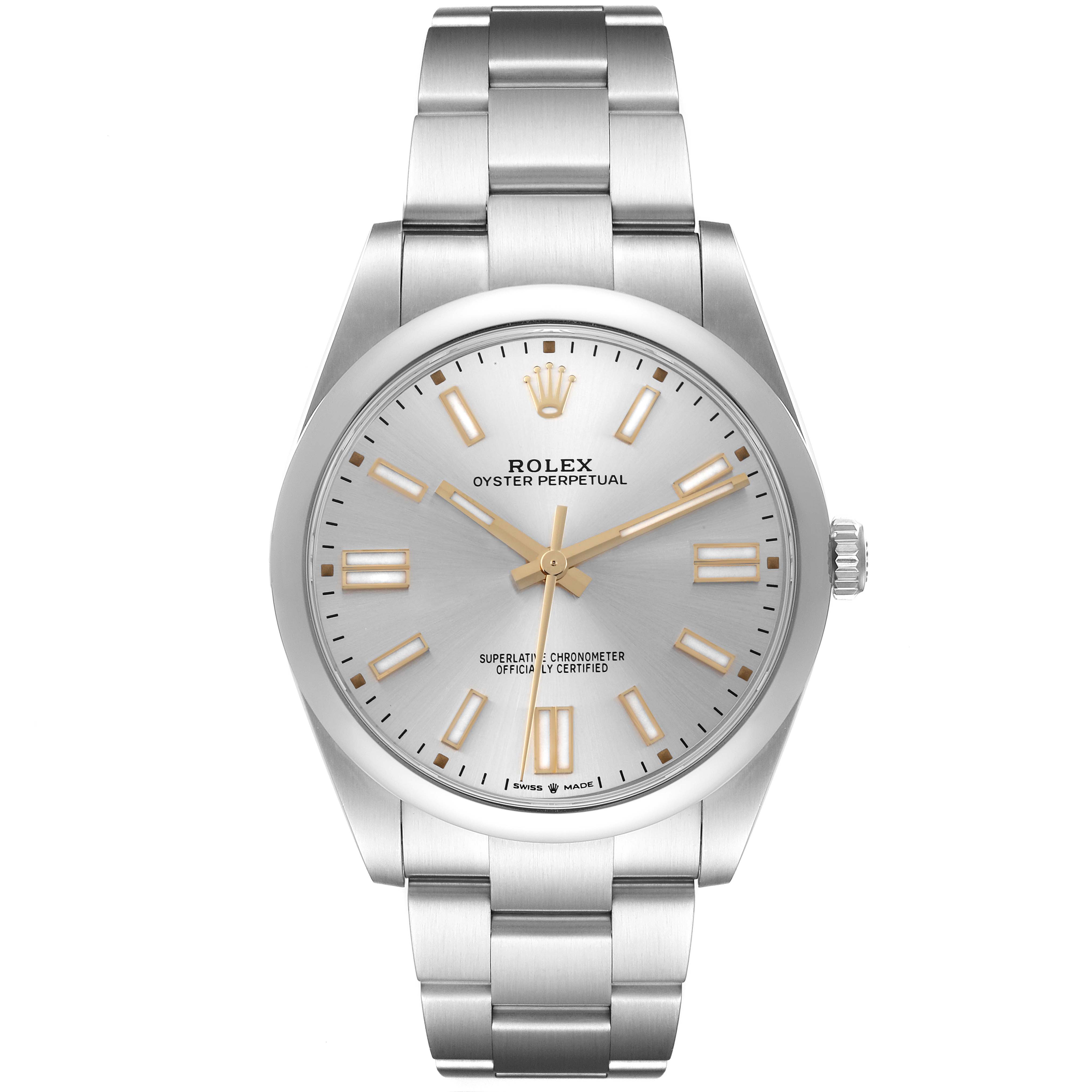 The Rolex Oyster Perpetual 124300 Men's Stainless Steel Silver Dial 124300 Men's Stainless Steel Silver Dial is shown from a front angle, displaying the dial, bezel, crown, and bracelet.