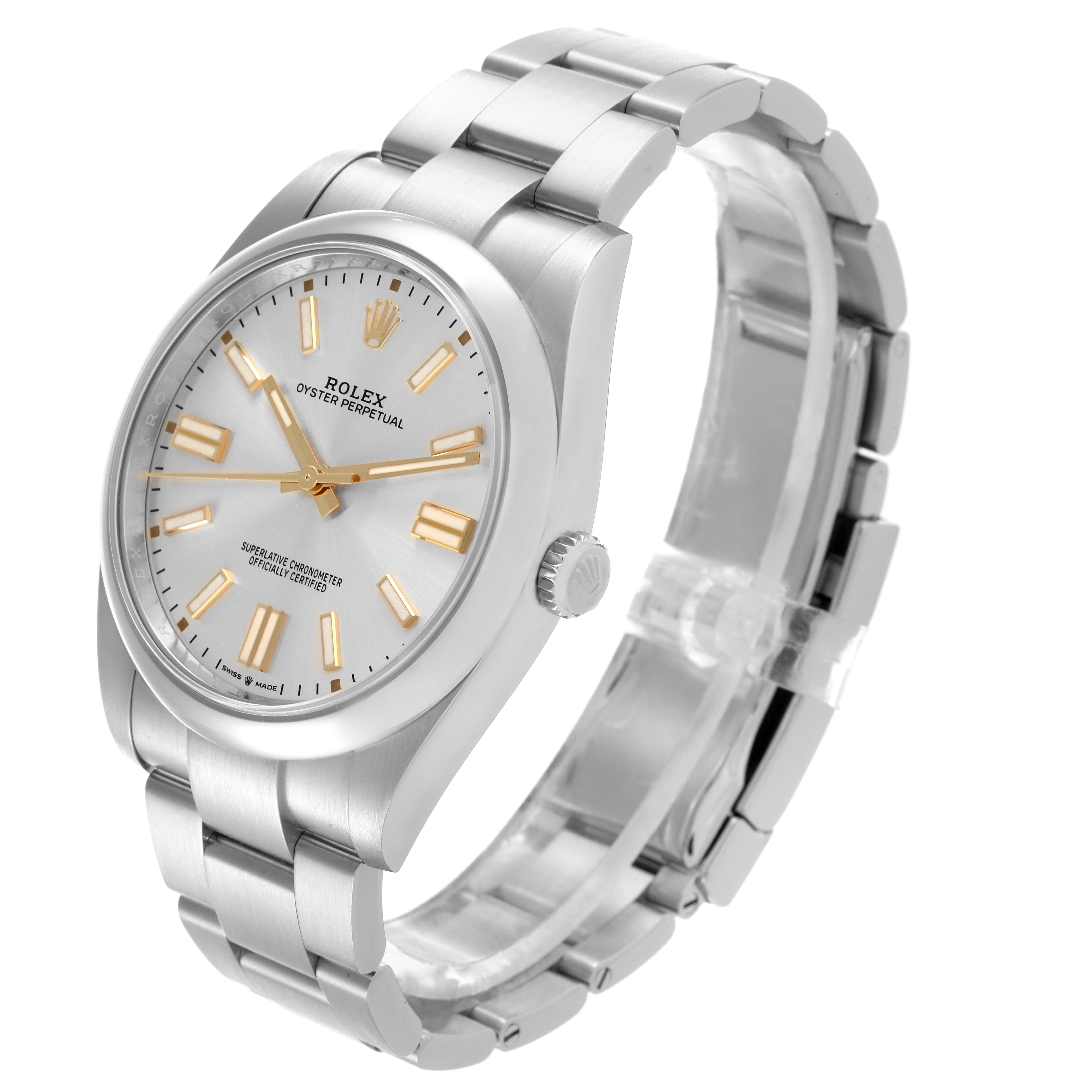 The Rolex Oyster Perpetual 124300 Men's Stainless Steel Silver Dial 124300 Men's Stainless Steel Silver Dial watch is shown at a three-quarter angle, displaying the face, bezel, and metal bracelet.