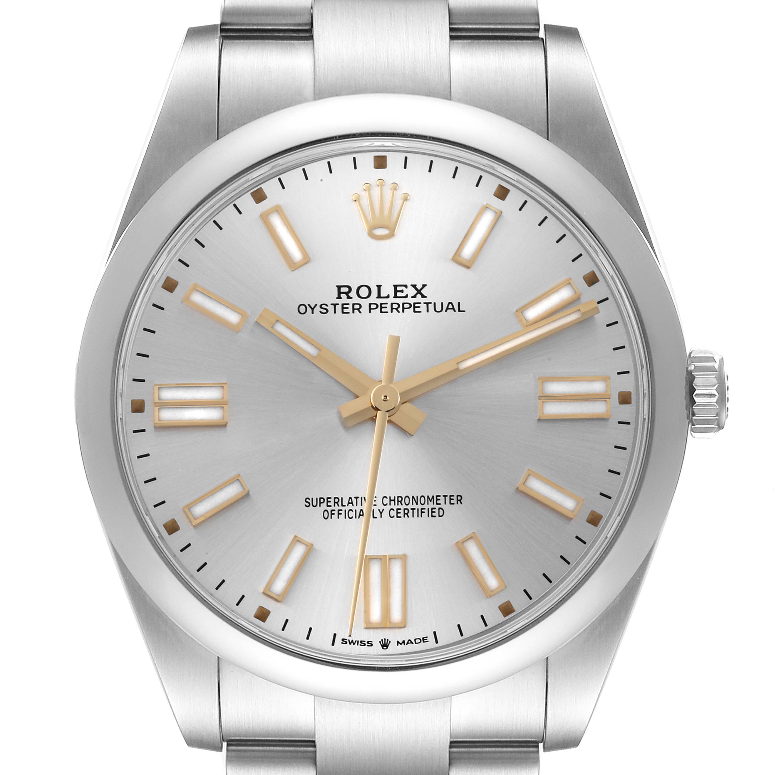 The image shows a front view of the Rolex Oyster Perpetual 124300 Men's Stainless Steel Silver Dial 124300 Men's Stainless Steel Silver Dial watch, displaying the dial, bezel, and part of the bracelet.